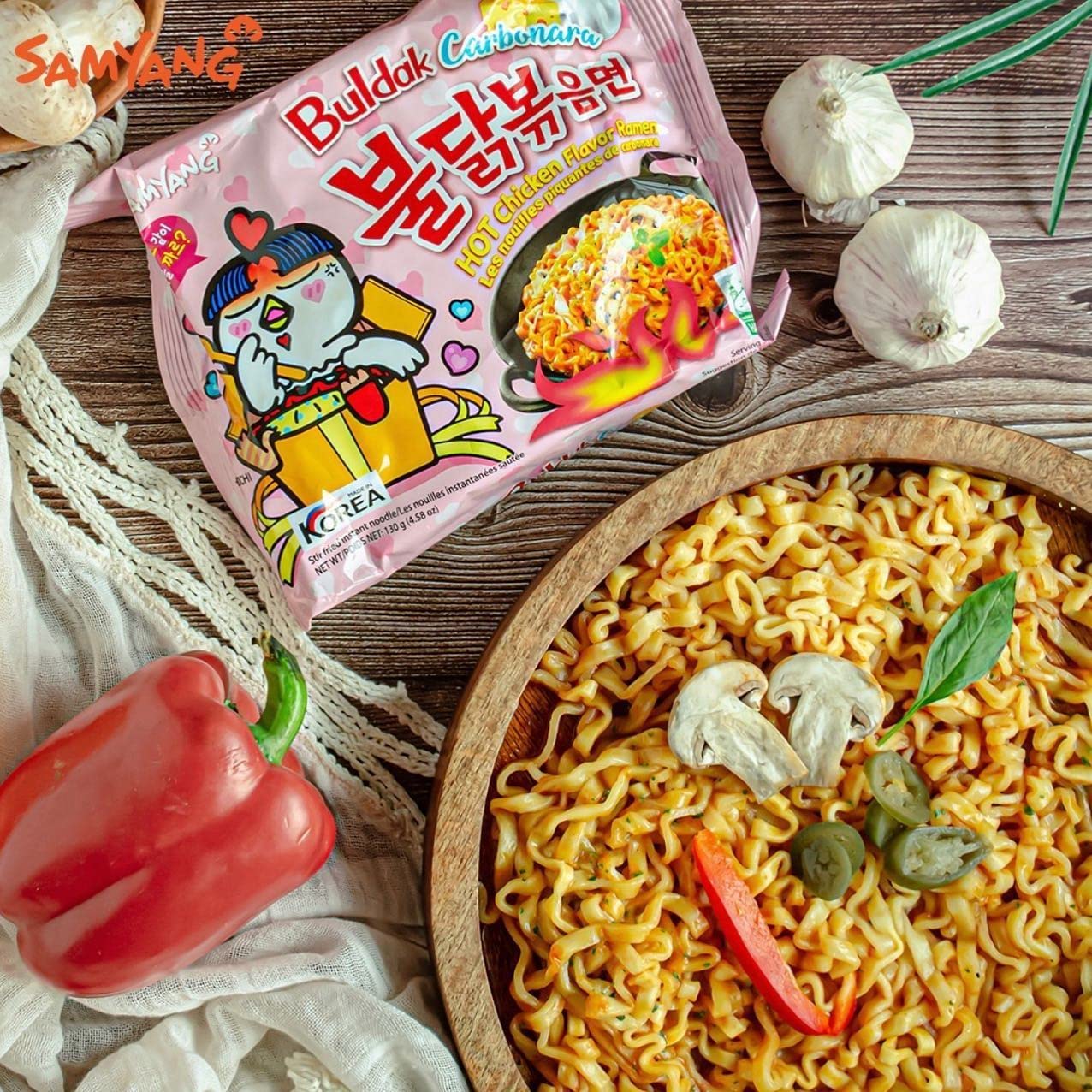 Samyang 6-Pack Carbonara Hot Chicken Flavor Instant Ramen Noodles 130g - Extra Spicy Korean Ramyun - Perfect for Quick Meals, Late Night Snacks & Spicy Food Lovers