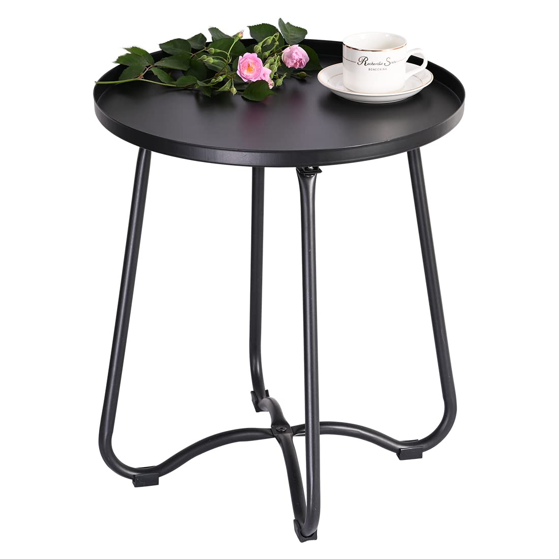 Black Round Metal Patio Side Table with Tray Top - Outdoor End Table, Nightstand for Living Room, Bedroom, Yard & Balcony - Perfect for Snacks, Drinks & Small Spaces
