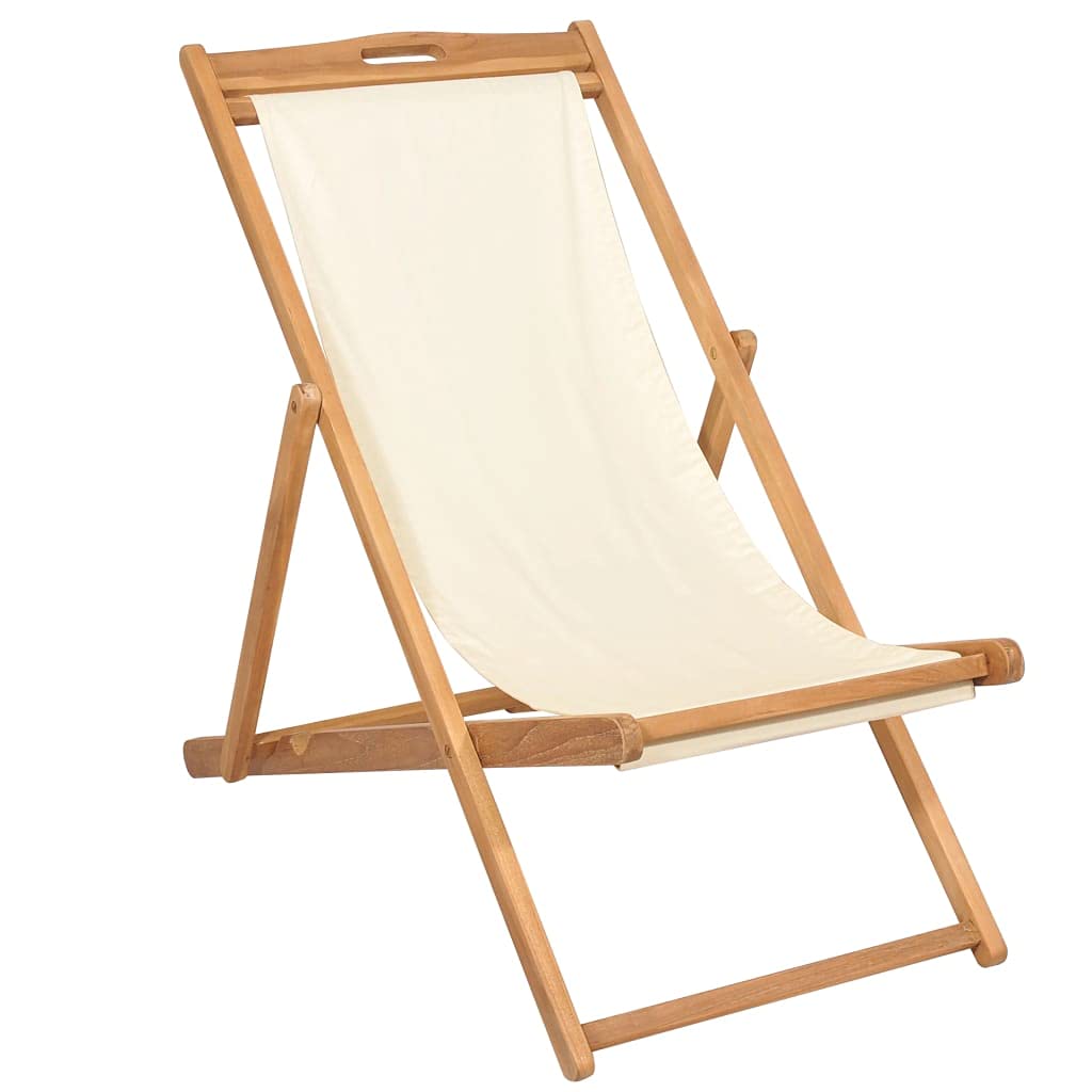 vidaXL Teak Wood Folding Deck Chair - Lightweight Portable Outdoor Patio Lounge Chair for Garden, Beach, Camping & Backyard - Cream Color 22.1