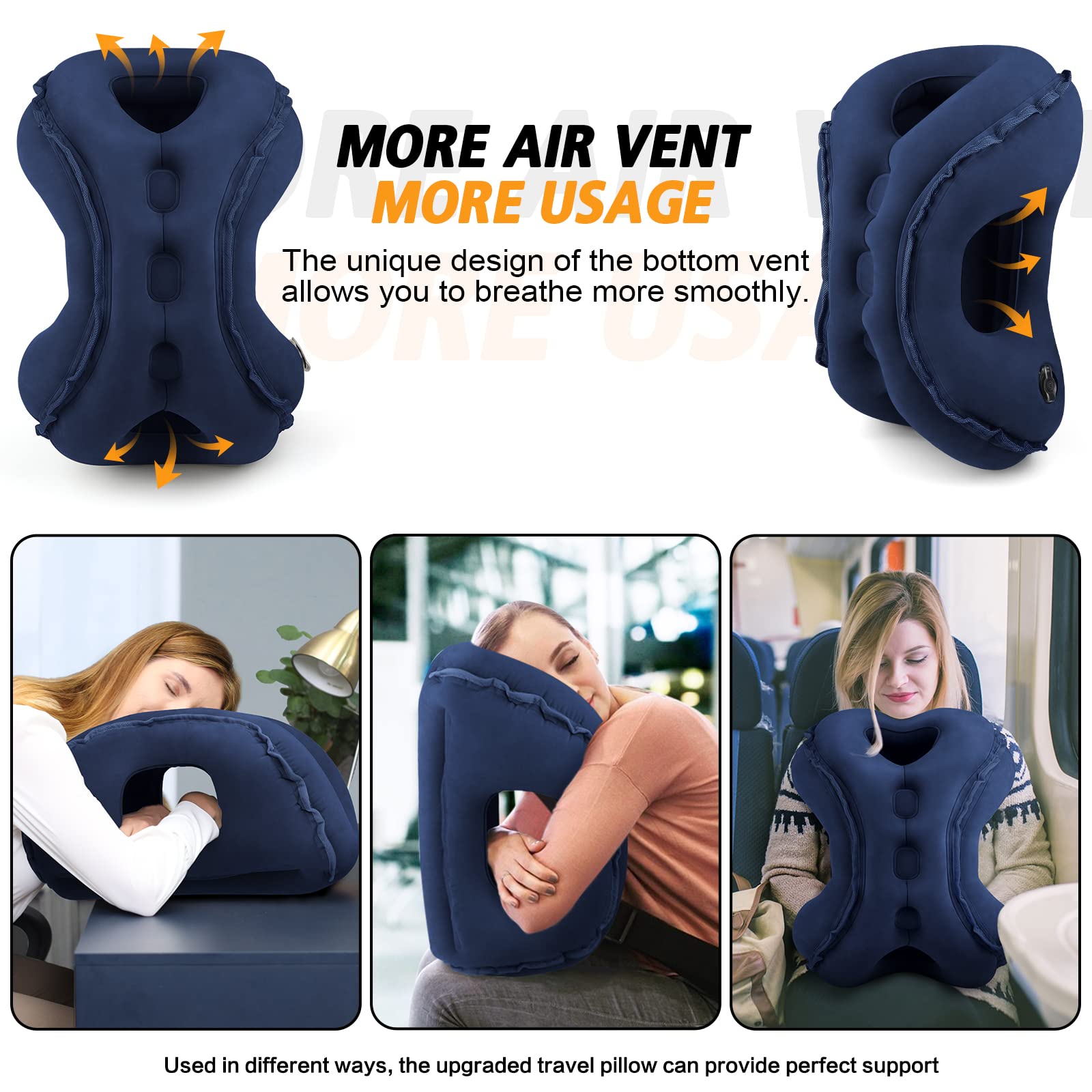 Inflatable Travel Pillow for Airplane - Ergonomic Neck Support Pillow with Eye Mask & Earplugs - Relieves Neck & Shoulder Pain for Comfortable Sleep on Flights, Cars & Home Use - Blue