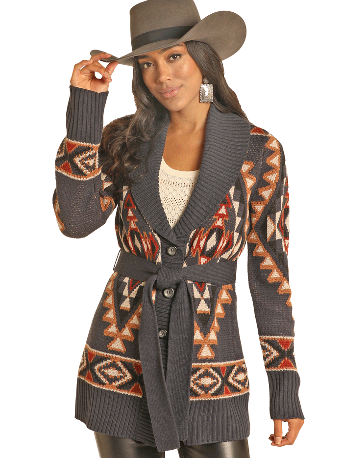 Panhandle DW95C04143 Women's Aztec Print Robe Cardigan Sweater - Navy Blue - Cozy Loungewear for Home & Relaxation