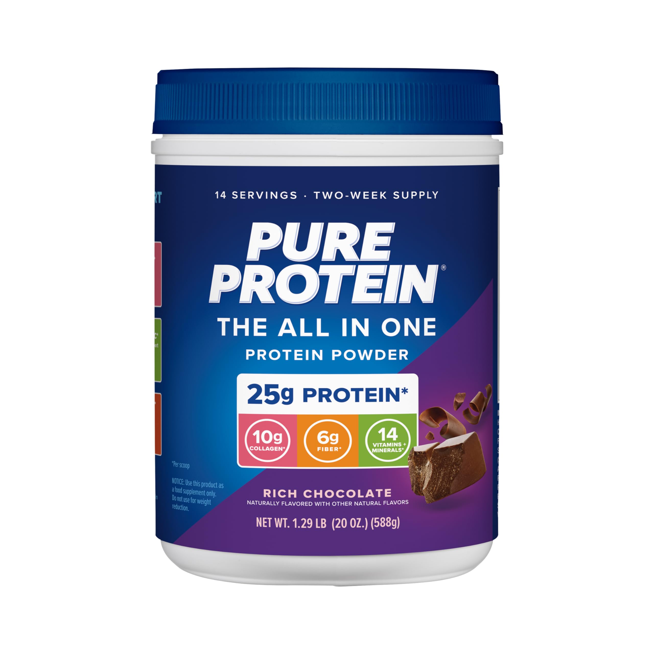 Pure Protein All-In-One Powder - Rich Chocolate Flavor with Whey & Collagen | High Fiber, Vitamins, No Added Sugar, Non-GMO, Gluten-Free | 1.25lb for Post-Workout Recovery & Healthy Lifestyle