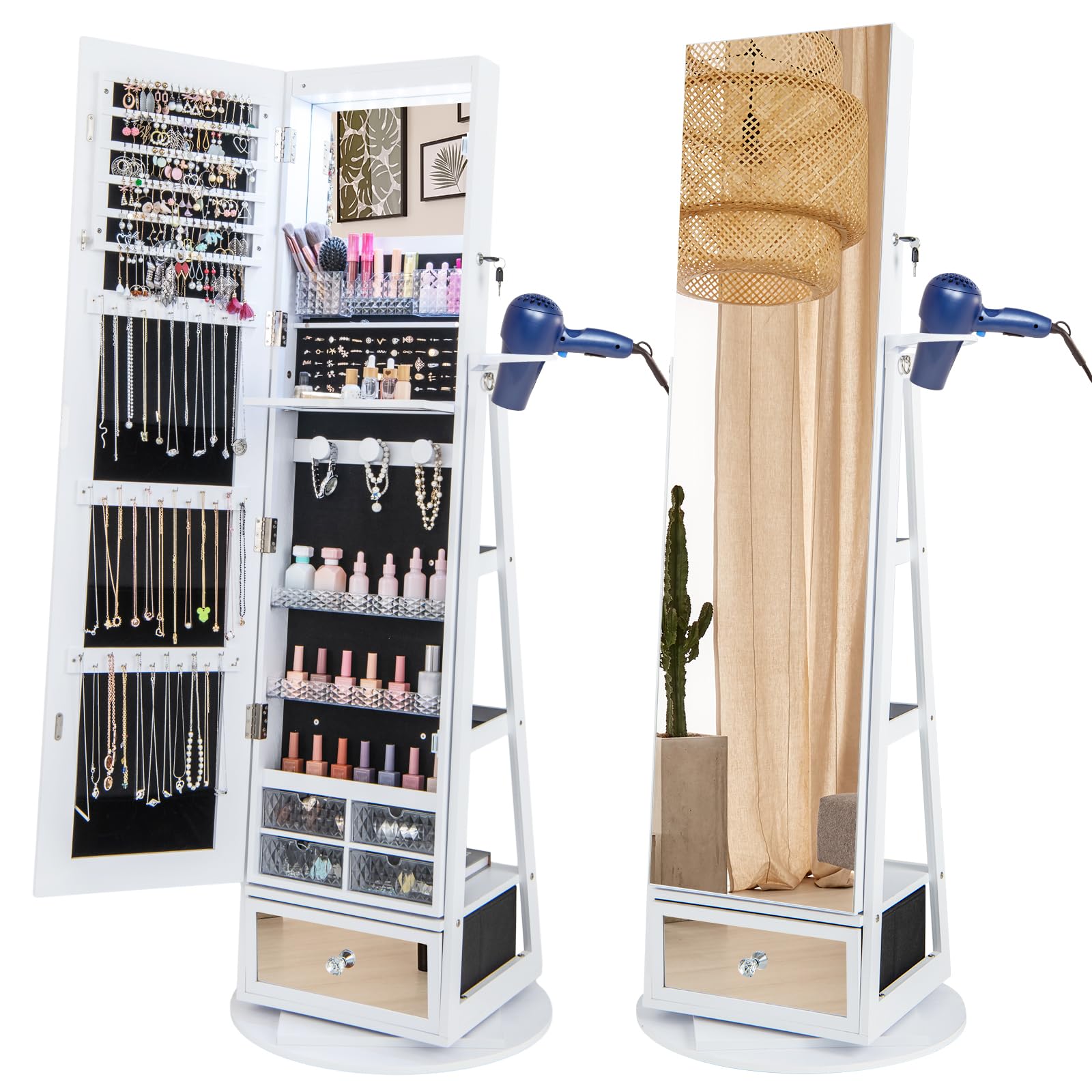 GOFLAME 360° Rotating Jewelry Cabinet with Full Length Mirror - LED Standing Jewelry Armoire Organizer with Lock, Hair Dryer Rack & Storage Shelves - Perfect for Bedroom, Dressing Room & Closet Organization (White)