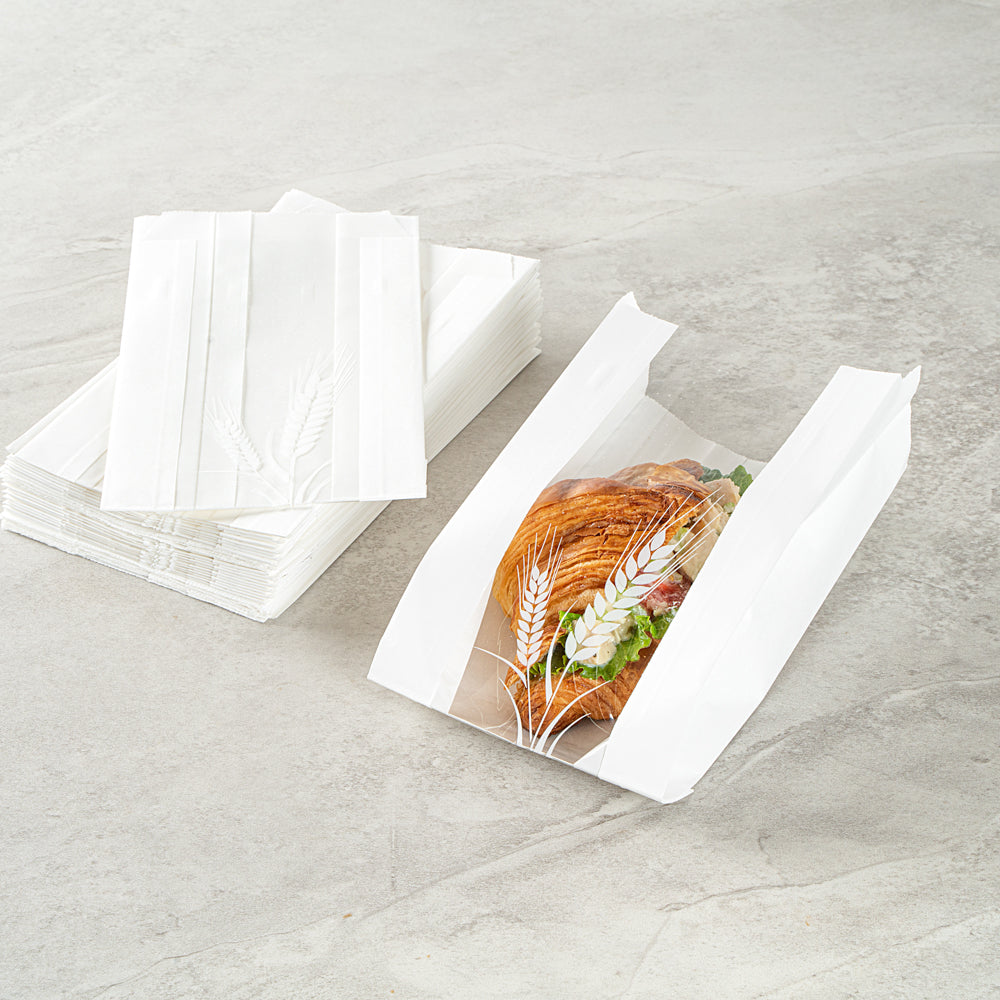 White Paper Bread Bags - Micro Perforated, Greaseproof, Wheat Pattern (4.75