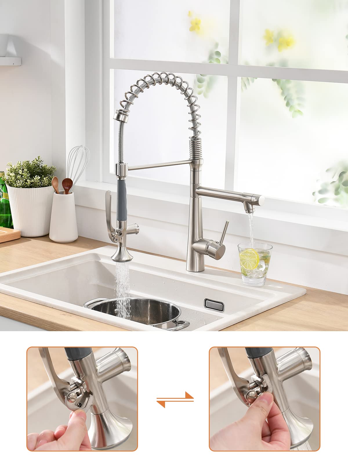 AIMADI Commercial Stainless Steel Pull Down Sprayer Kitchen Faucet - Brushed Nickel Finish for Modern Kitchens & Restaurant Sinks | Durable & Easy to Install for Home & Commercial Use