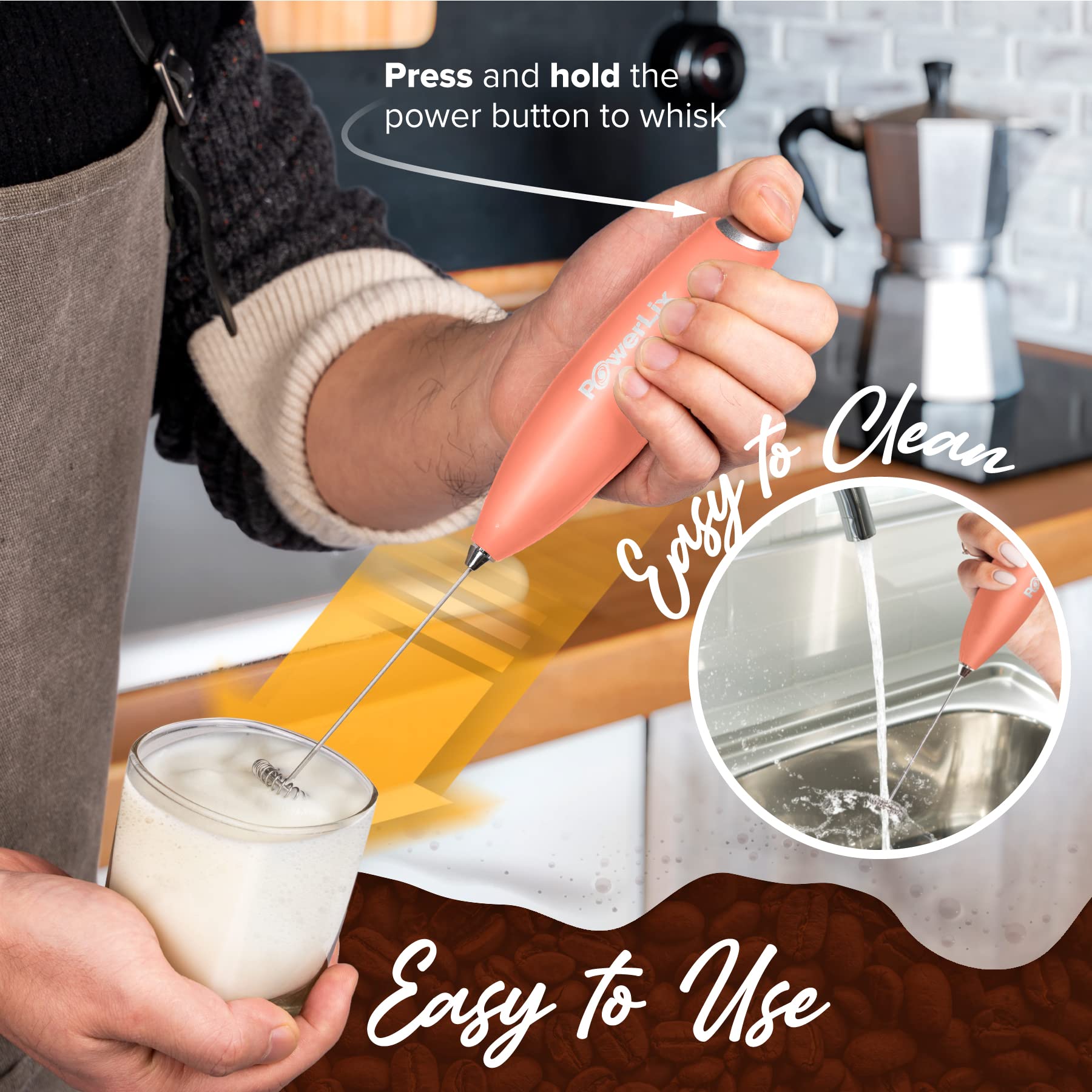 PowerLix Handheld Milk Frother - Battery Operated Electric Foam Maker for Coffee, Latte, Cappuccino & Hot Chocolate - Compact & Portable with Stand (Black/Peach) - Perfect for Home, Office & Travel Use