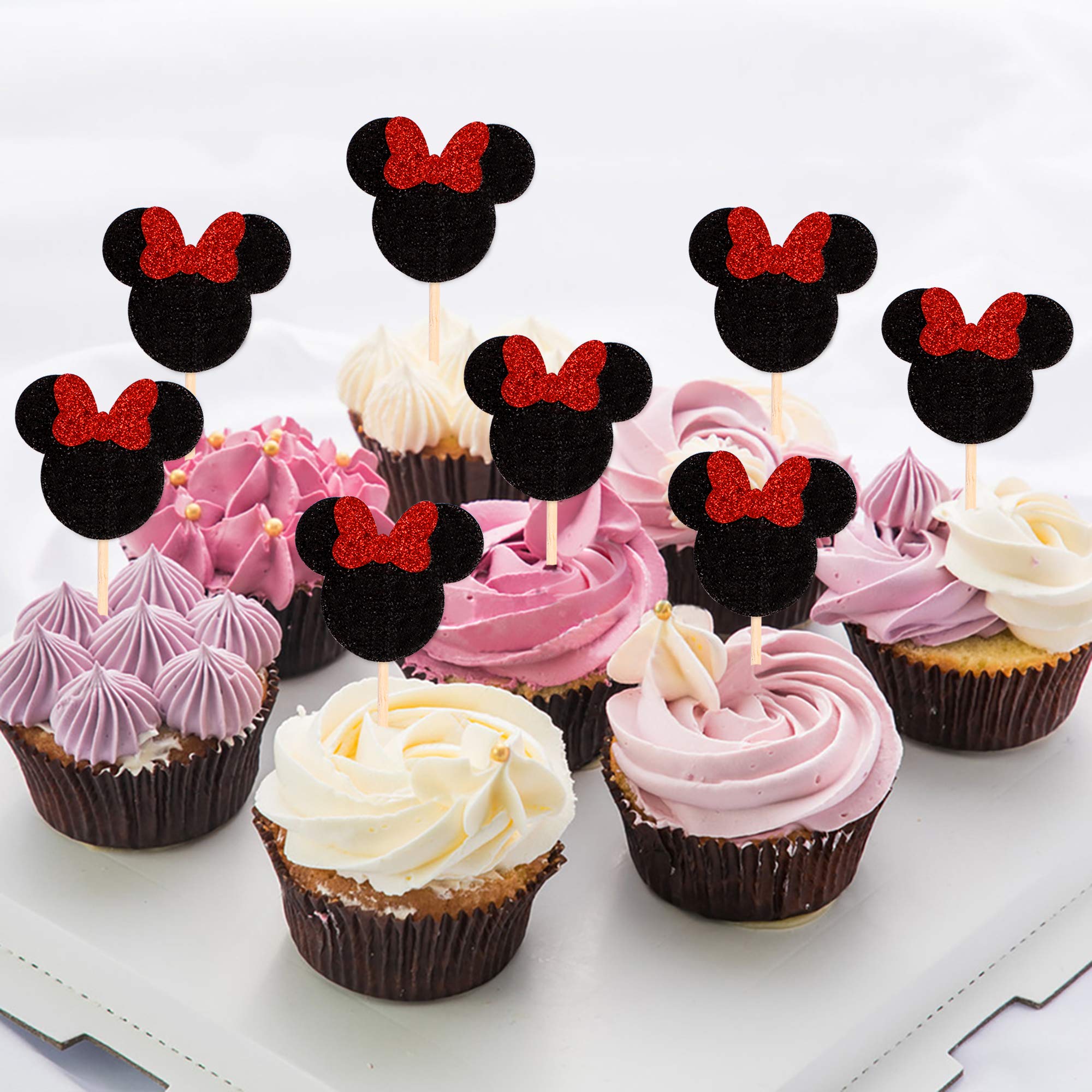 Ercadio Mouse Inspired Cupcake Toppers with Red Bow - Black Glitter Cupcake Picks Decorations (24 PCS) for Baby Shower, Kids Birthday Party, Girls Celebration - Perfect for Dessert Decor, Baking Supplies, and Themed Events