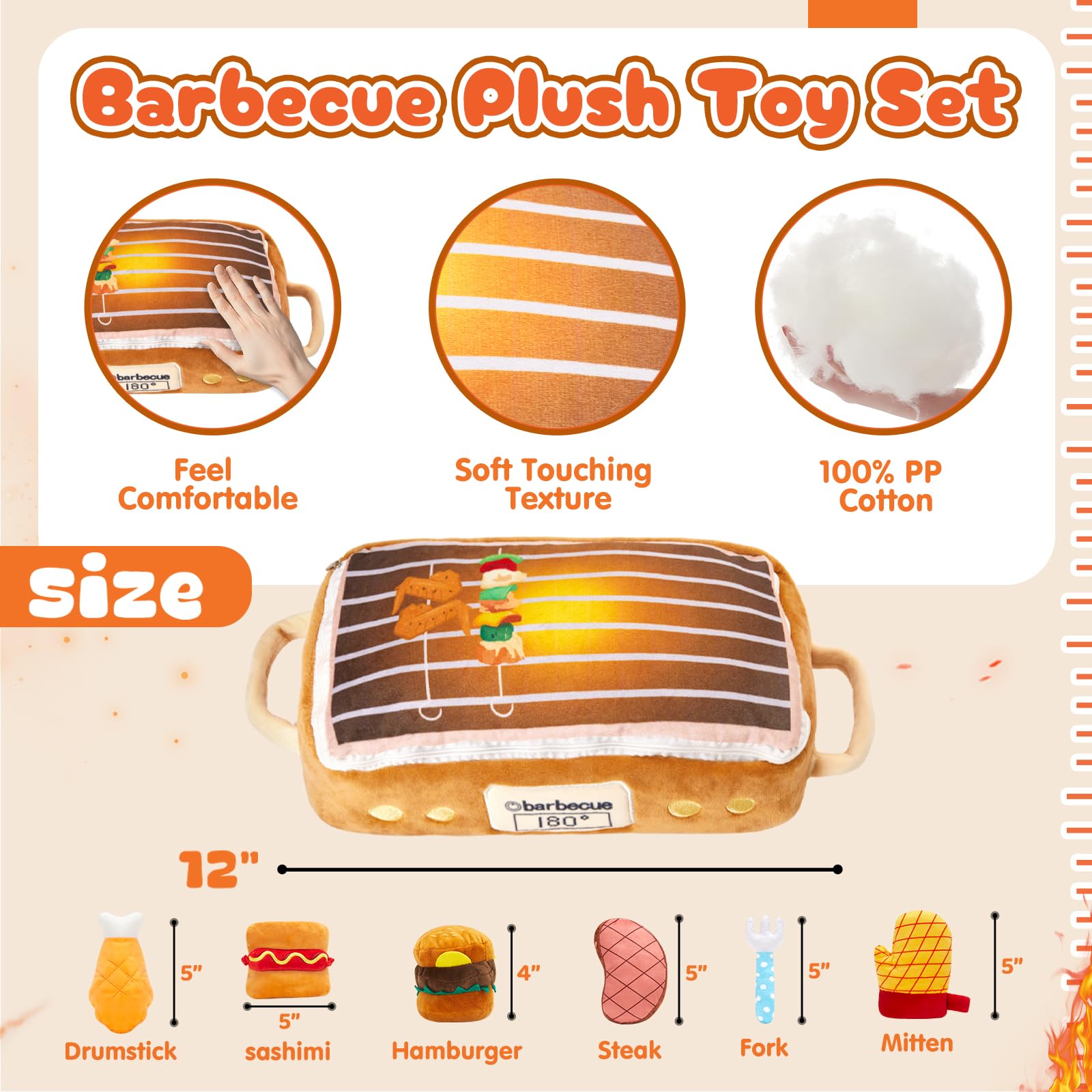 WEWILL 7-Piece BBQ Grill Plush Toy Set for Kids - 12