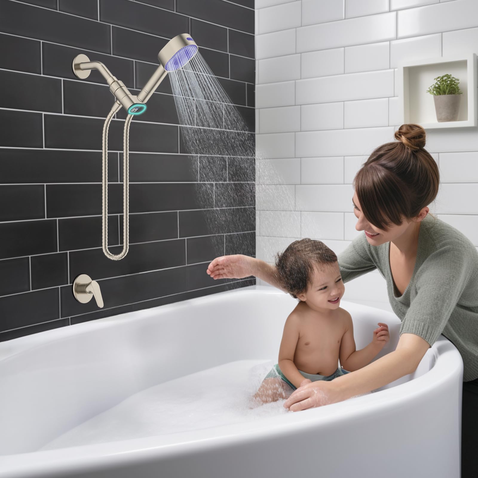 Upgraded Metal Shower Head Holder with LED Temperature Display - Adjustable Shower Arm Mount for Handheld Shower Heads - Universal Shower Bracket with Solid Brass Ball in Brushed Nickel Finish - Perfect for Bathroom Renovation & Spa-Like Shower Experience