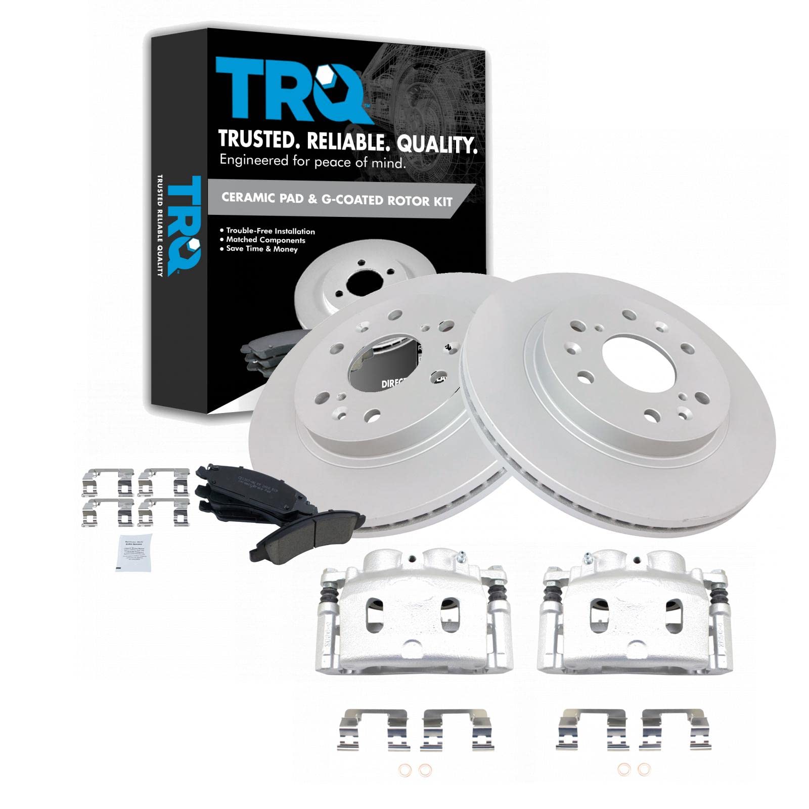 TRQ Front Ceramic Brake Pad Kit with Coated Rotors & Calipers - Compatible with GM Trucks & SUVs (Silverado, Sierra, Tahoe, Suburban) - Smooth Stopping Power for Highway & Off-Road Driving
