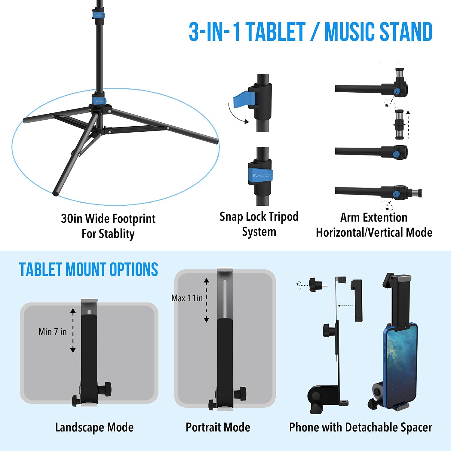 ECT3 Adjustable Music Sheet & Tablet Tripod Stand with Interchangeable Holder - Perfect for Musicians, Performers & Digital Sheet Music Readers