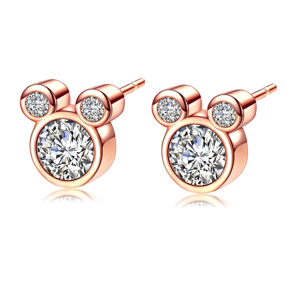 Deelan Women's Rose Gold Plated Mickey Mouse Stud Earrings with Zircon - Cute Disney Jewelry for Wedding, Party & Gift Giving - Perfect for Disney Fans, Bridesmaids & Fashion Accessories