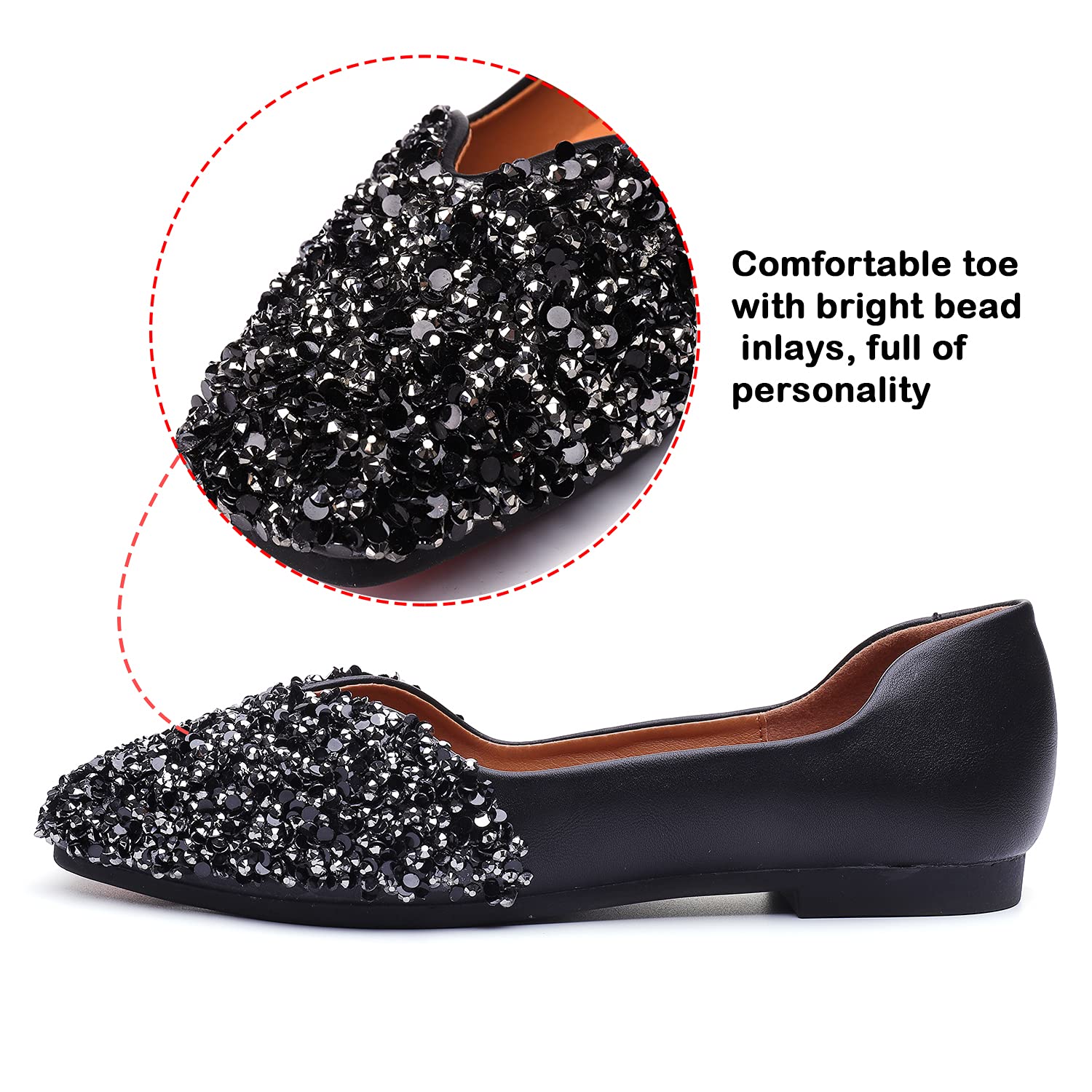 Women's Rhinestone Square Toe Ballet Flats - Comfortable Slip On Low Heel Dress Shoes for Wedding, Party & Formal Occasions