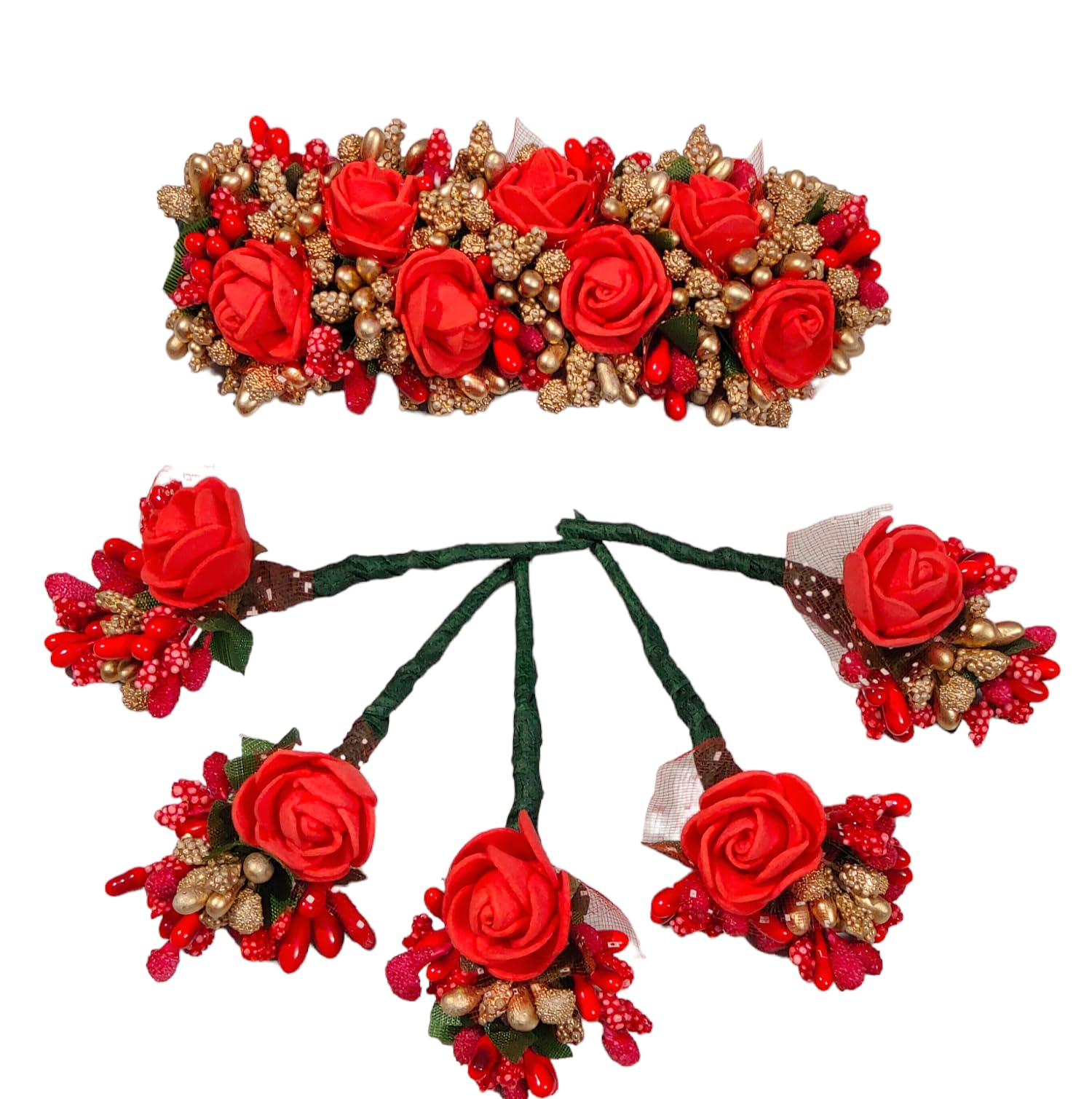 Reusable Red Artificial Flower Gajra with 5 Pins - Perfect for Weddings, Parties & Home Decor