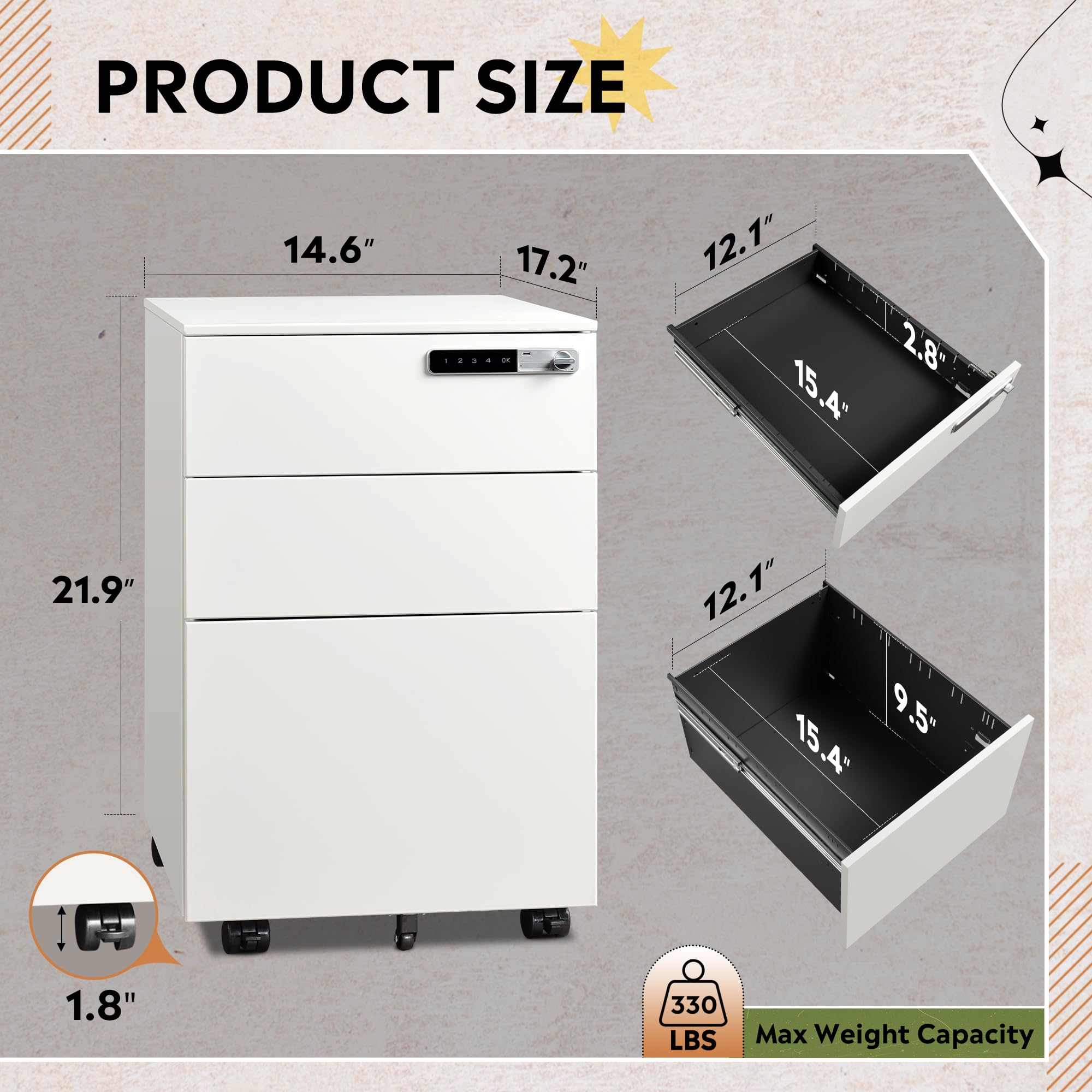 DEVAISE 3-Drawer Locking File Cabinet - Fully Assembled Metal Storage with Combination Lock | Mobile Under Desk Home Office Organization | White Filing Cabinet for Documents & Supplies