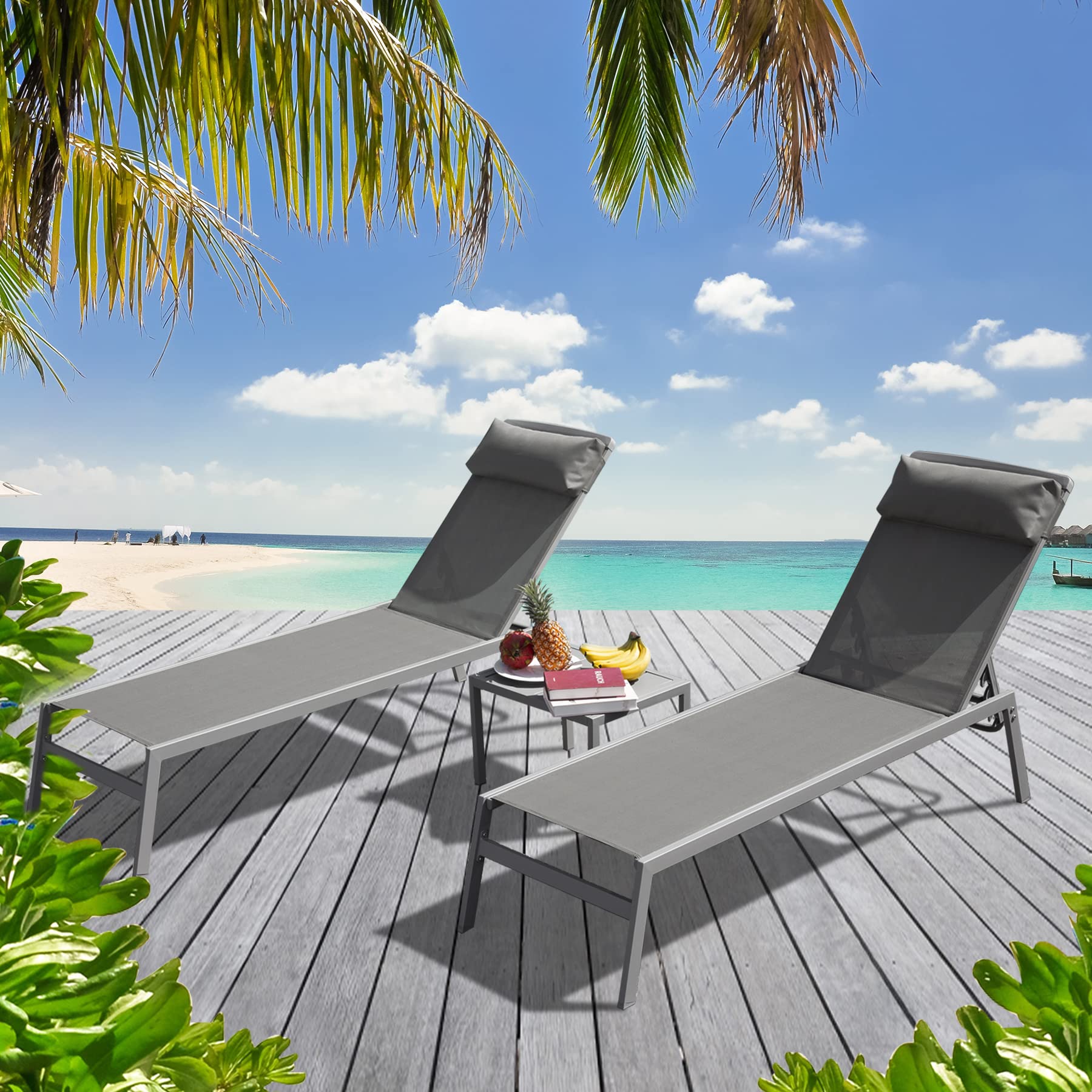 **DOMI Patio Chaise Lounge Set – Adjustable Aluminum Pool Lounge Chairs with Textilene Fabric, Headrest & Side Table – 5-Position Reclining for Sunbathing, Outdoor Relaxation by Pool, Beach, or Garden (Grey)**