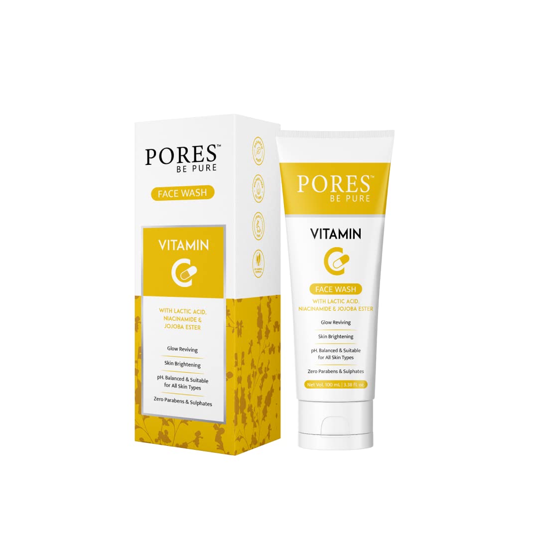 PORES Be Pure Vitamin C Brightening Face Wash for Glowing Skin - Hydrating & Dark Spot Reducing Daily Cleanser for Men & Women | All Skin Types | 100mL | Perfect for Morning & Night Skincare Routine