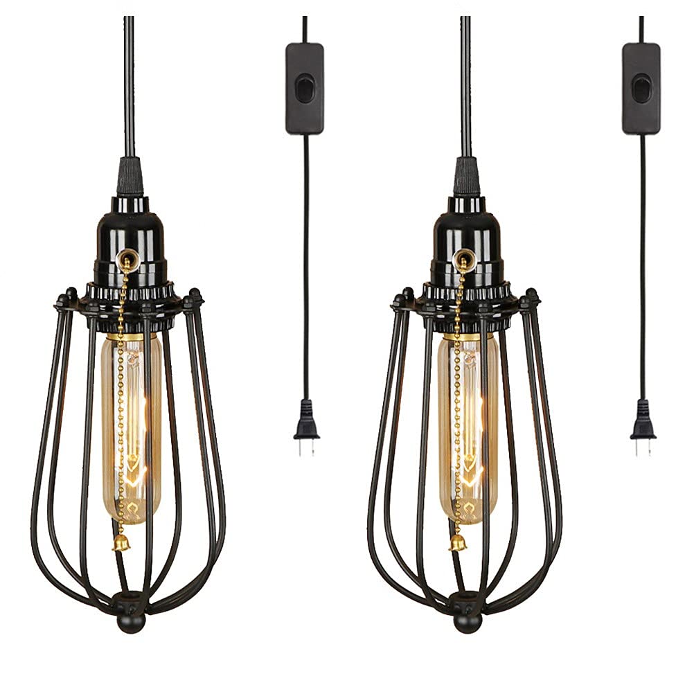 2 Pack Vintage Industrial Cage Pendant Light with Plug-in 15 Ft Cord - Black Hanging Swag Lamp with On/Off Pull Chain Switch (Lampshade Pomelo) - Perfect for Bedroom, Living Room, Kitchen & Cafe Decor