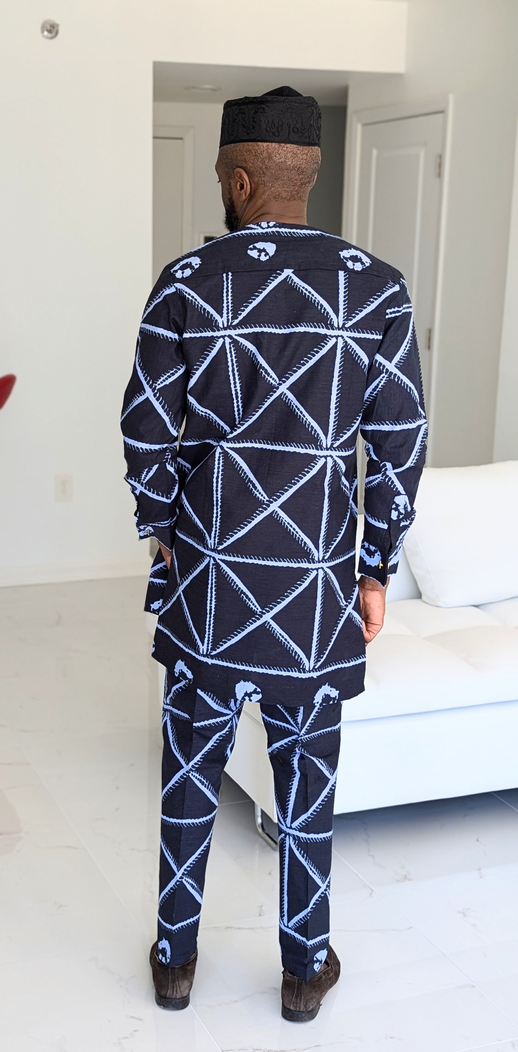 Dupsie's Chike Navy Blue & Light Blue African Print Ankara Dashiki Top and Pants Set DP9100TP - Perfect for Cultural Events, Weddings & Afrocentric Fashion