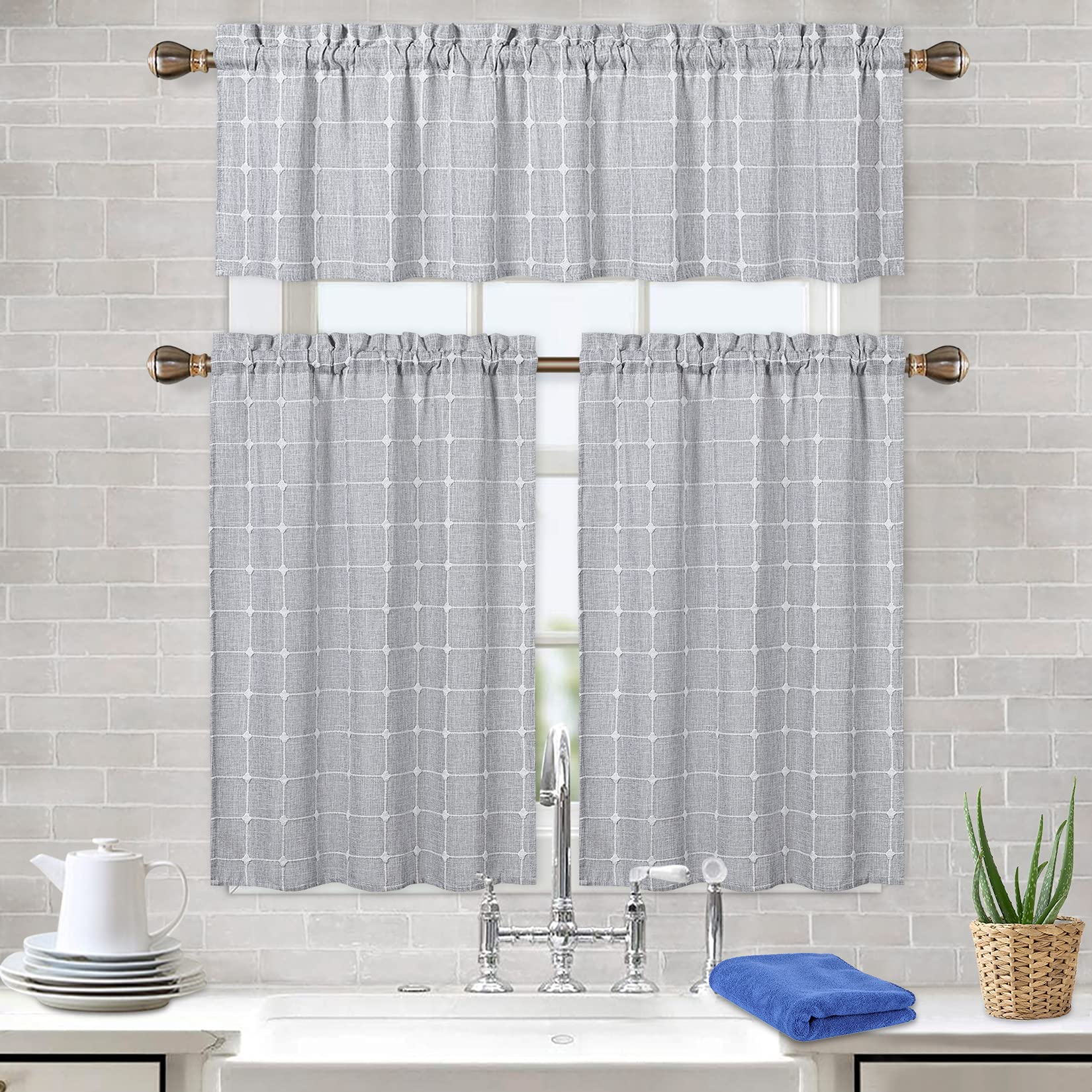 CAROMIO Farmhouse Window Valances - Boho Gingham Linen Curtains for Kitchen & Bedroom (Grey, 52x15 Inches) - Perfect for Rustic Home Decor & Cozy Room Accents