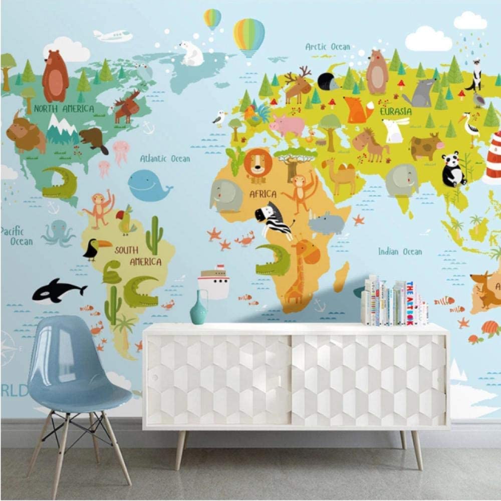 3D Peel and Stick Self-Adhesive Wallpaper - Animal Cartoon World Map Modern Wall Mural (118