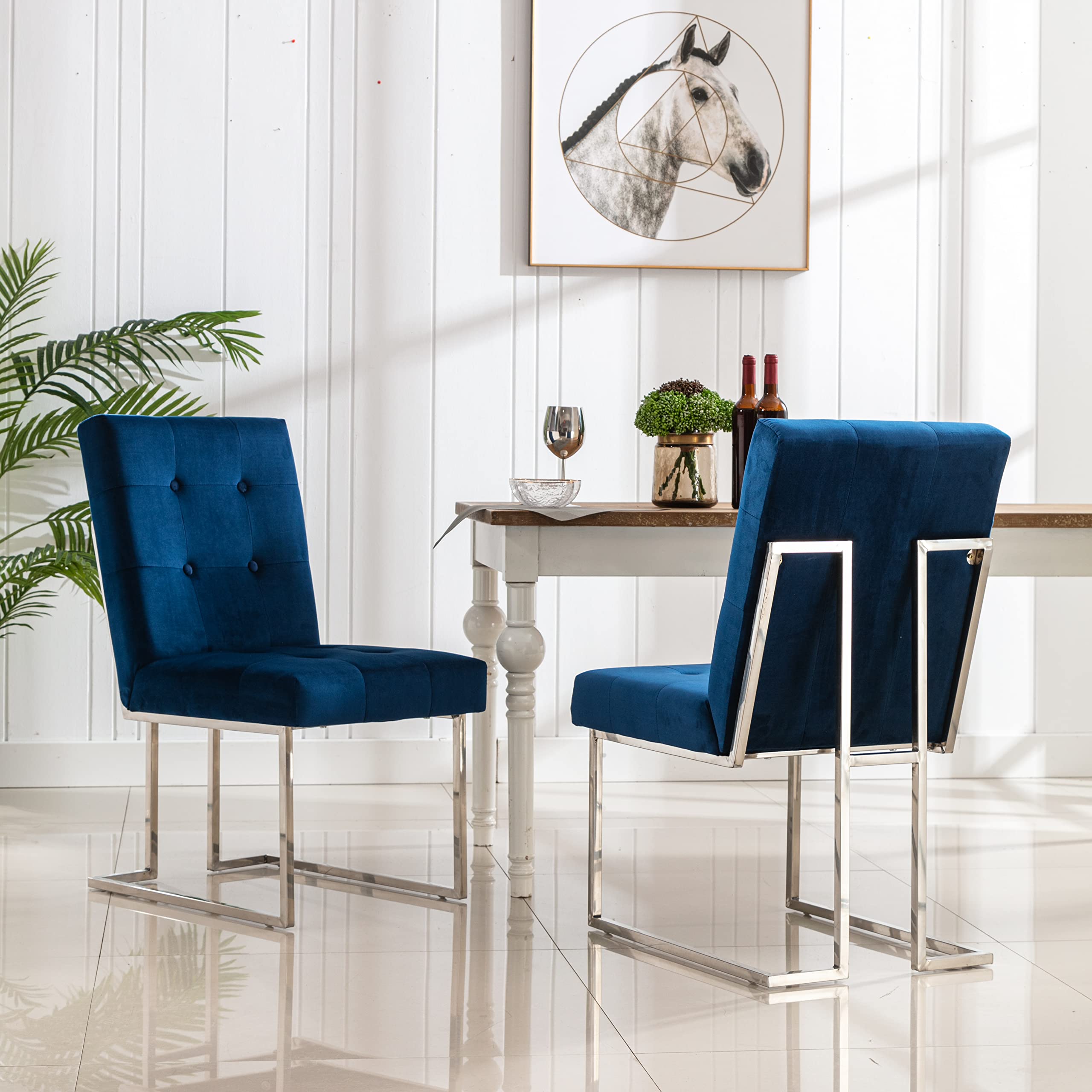 Tufted Velvet Upholstered Dining Chairs Set of 2 - Modern Velvet Armless Accent Chairs with Chrome Legs for Living Room, Kitchen, Dining Room - Blue Velvet Chairs for Home Decor & Entertaining (UC-16B)