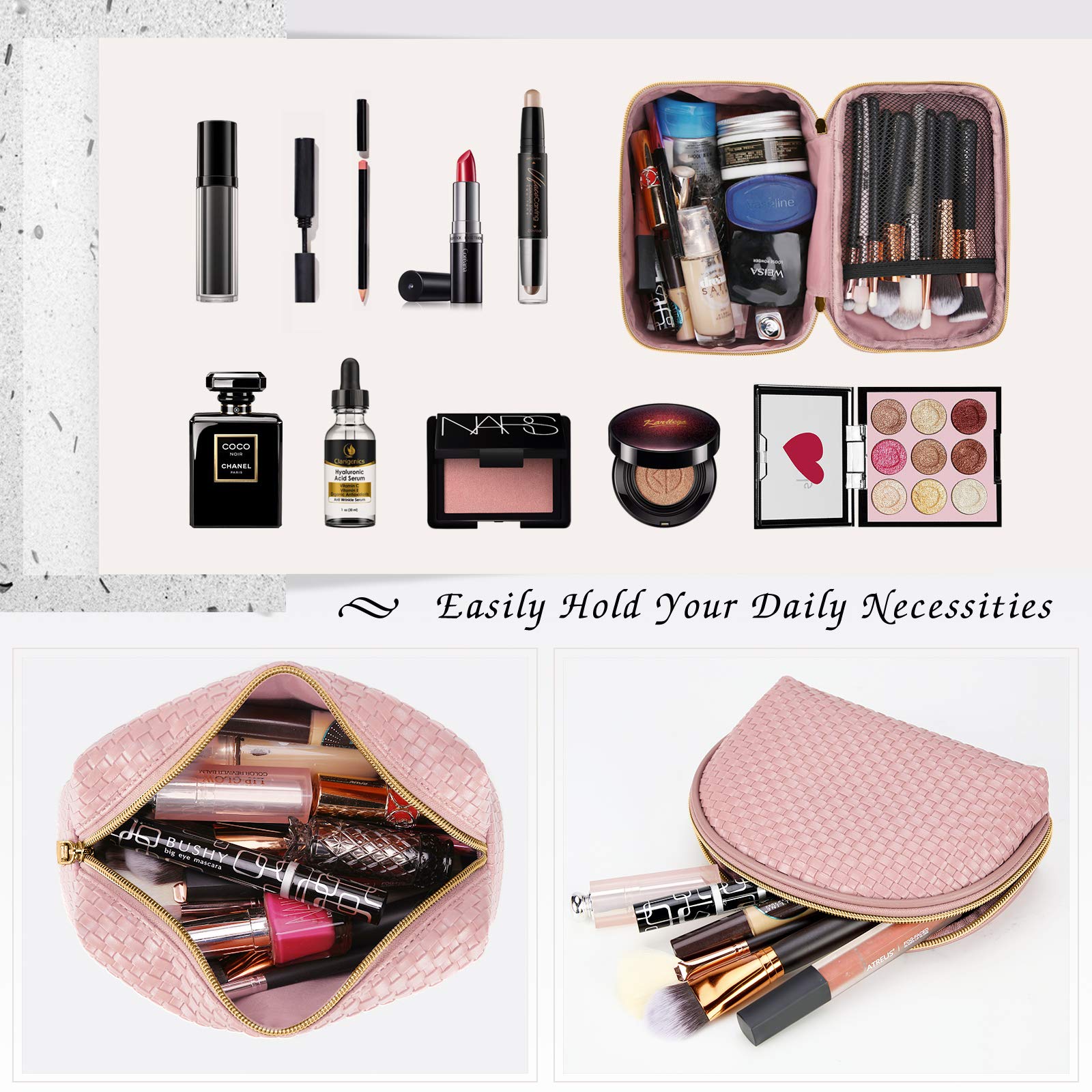KTMOUW 3-Piece Waterproof Makeup Bag Set - Portable Travel Cosmetic Organizer with Multifunctional Storage | Pink Weave Toiletry Bags for Women | Perfect for Travel, Gym & Daily Beauty Essentials