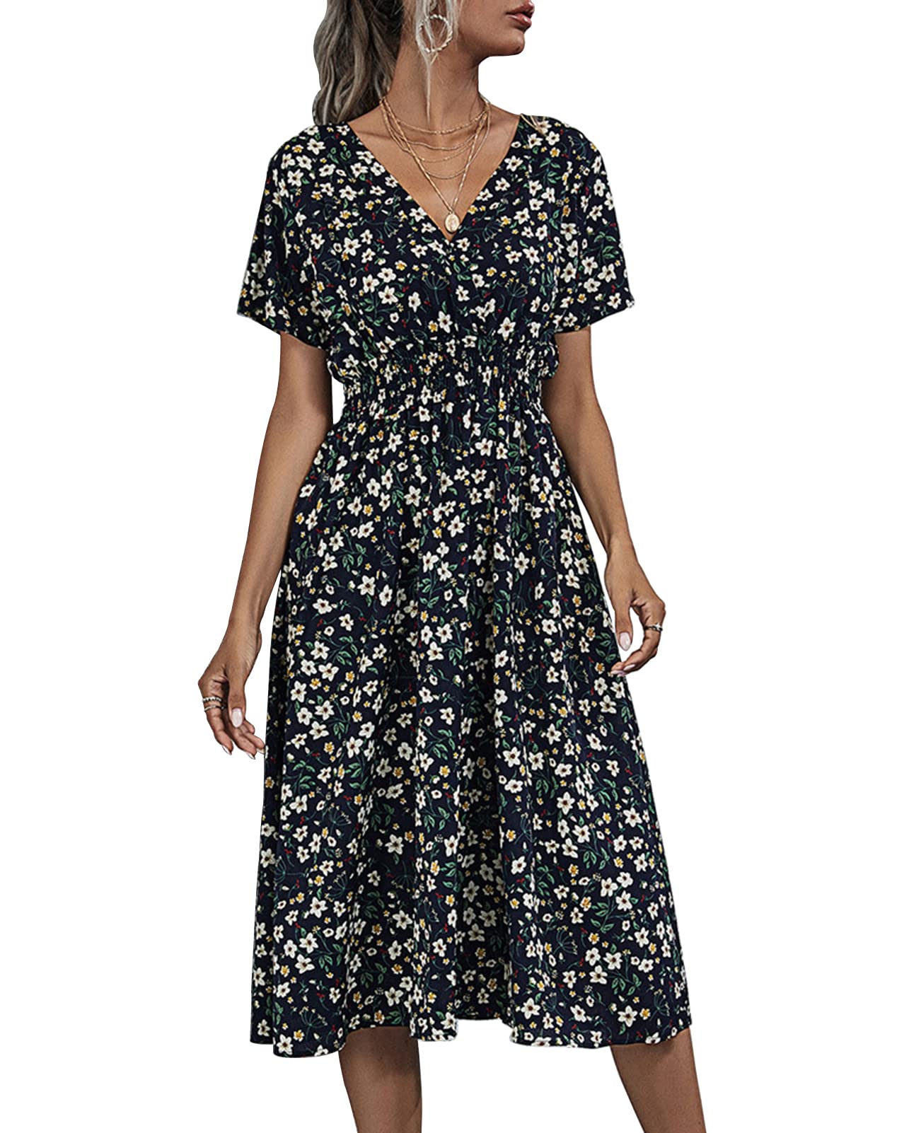Floral Print V-Neck Midi Dress for Women - Short Sleeve Summer Beach Wedding Guest Party Dress | Perfect for Vacations, Bridal Showers & Outdoor Events