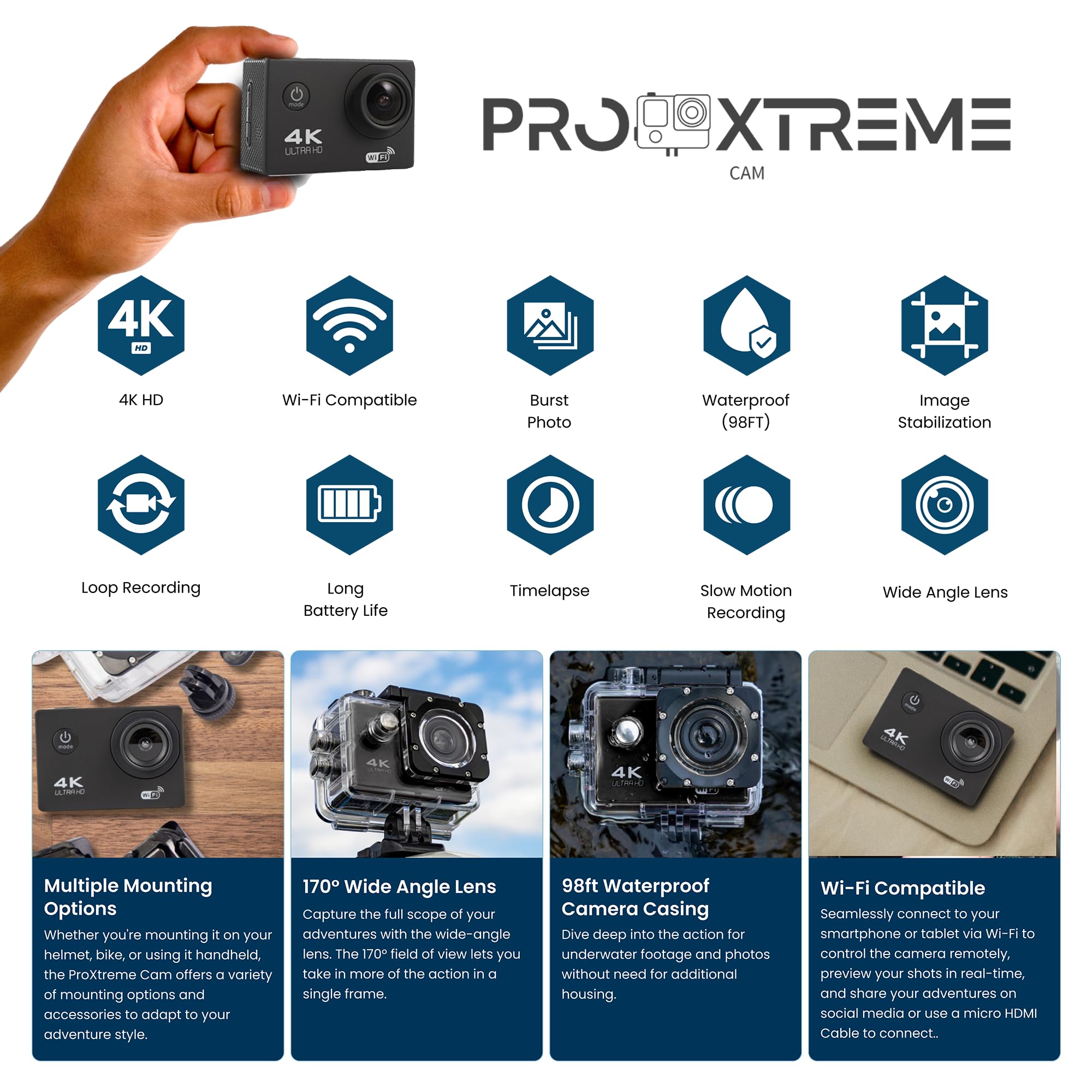 Pro Xtreme 4K Action Camera - Waterproof WiFi 170° Wide Angle for Snorkeling & Sports
