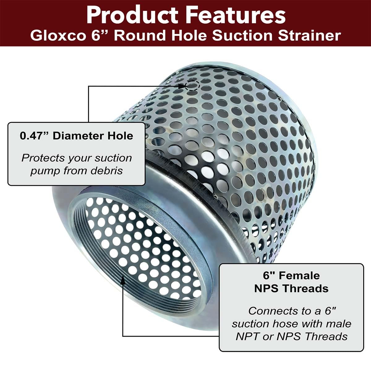 Gloxco 6-Inch Suction Strainer with Round Holes - Heavy Duty Zinc Plated Steel Filter for Pumps & Plumbing (STR-RH600) - Ideal for Water Filtration, Industrial Applications & Drainage Systems