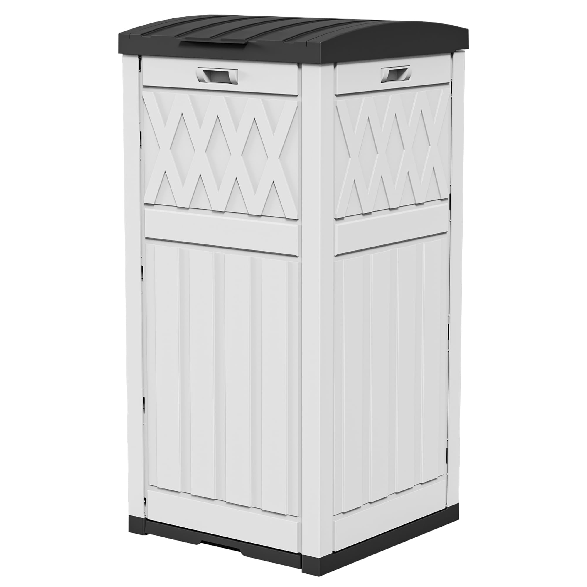DWVO 38 Gallon Outdoor Trash Can with Tiered Lid & Drip Tray - Waterproof Resin Garbage Bin for Patio, Kitchen, Backyard - Heavy Duty Grayish-White Trash Container for Home, Garden & Commercial Use