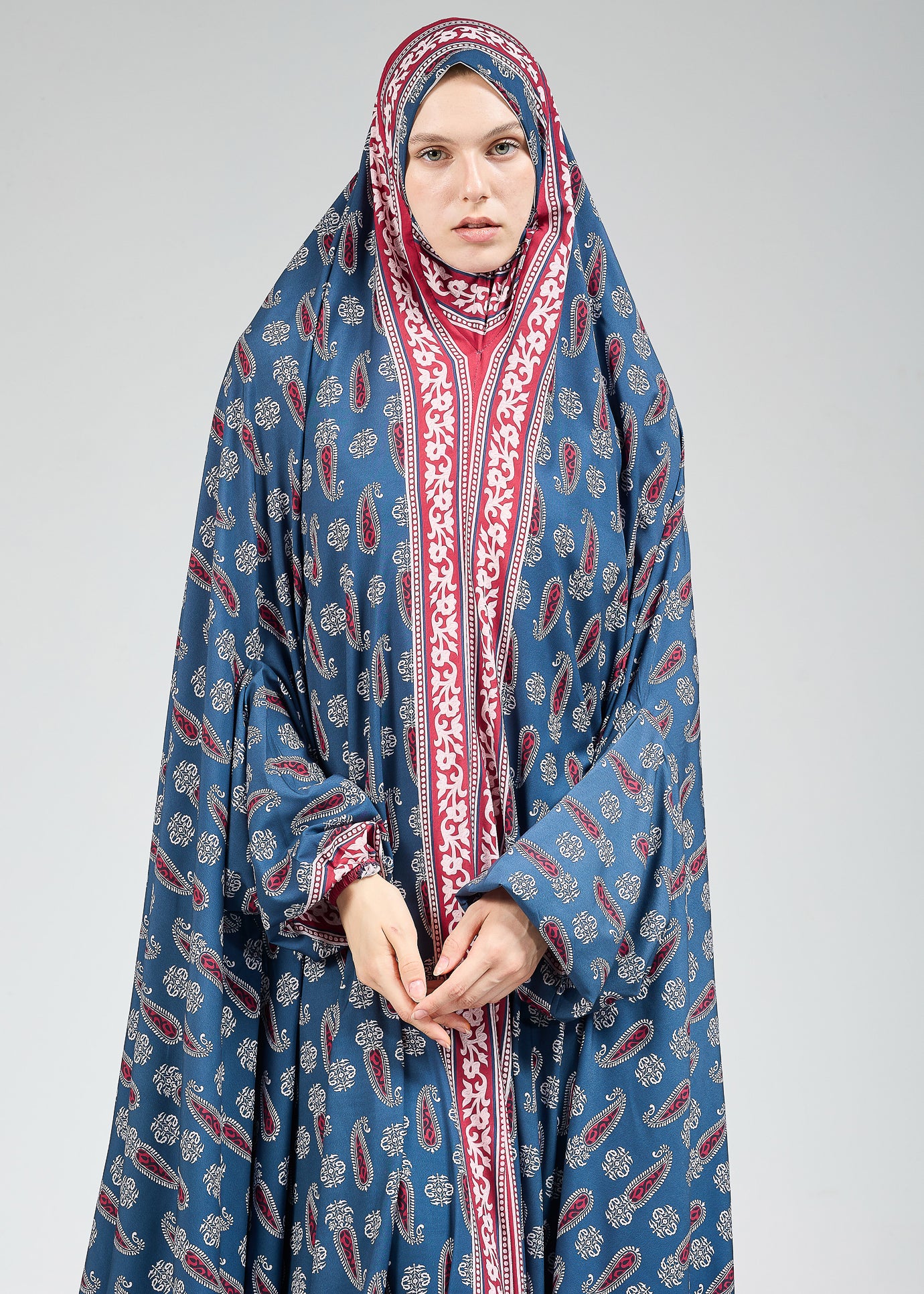 Meera Elegant Satin Prayer Gown with Ornate Paisley Design - Modest Islamic Prayer Dress for Women - Perfect for Salah, Eid, Ramadan & Special Occasions