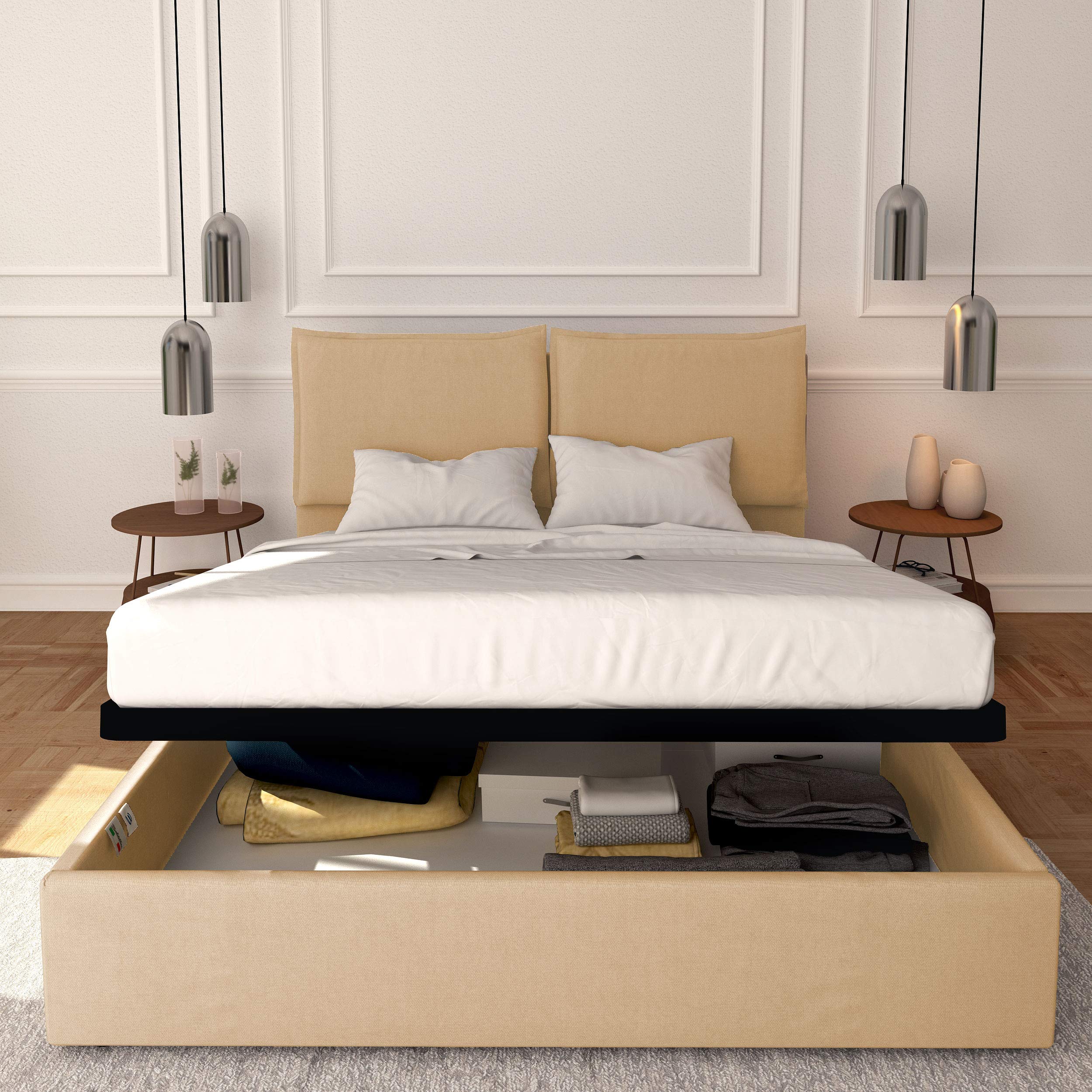 Baldiflex Licia Queen Size Storage Bed with Upholstered Headboard - Synthetic Leather, Slatted Base for 180x190cm Mattress, Beige - Perfect for Master Bedrooms & Guest Rooms