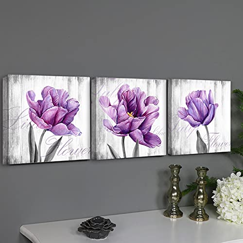 Purple Gray Floral Wall Art Set - 3 Piece Lilac Tulip Canvas Paintings for Bedroom & Living Room Decor, Framed Flower Pictures (12x12 Inch) | Perfect for Home, Office & Gift Giving