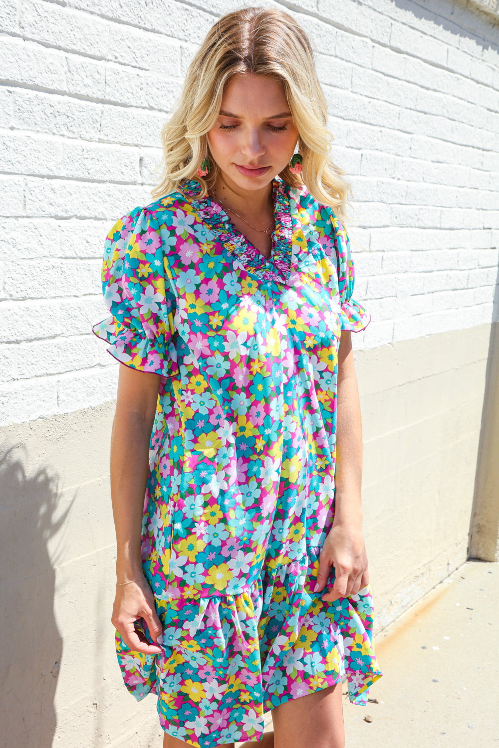 Elegant Blue Smocked Notch Neck Babydoll Floral Print Dress - Perfect for Summer Parties, Weddings & Date Nights