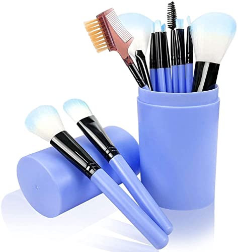 ZYCOFORD 12-Piece Makeup Brush Set with Storage Barrel - Professional Cosmetic Brushes for Foundation, Blending, Eyeshadow & More (Sky Blue) - Perfect for Travel, Home & Professional Makeup Artists