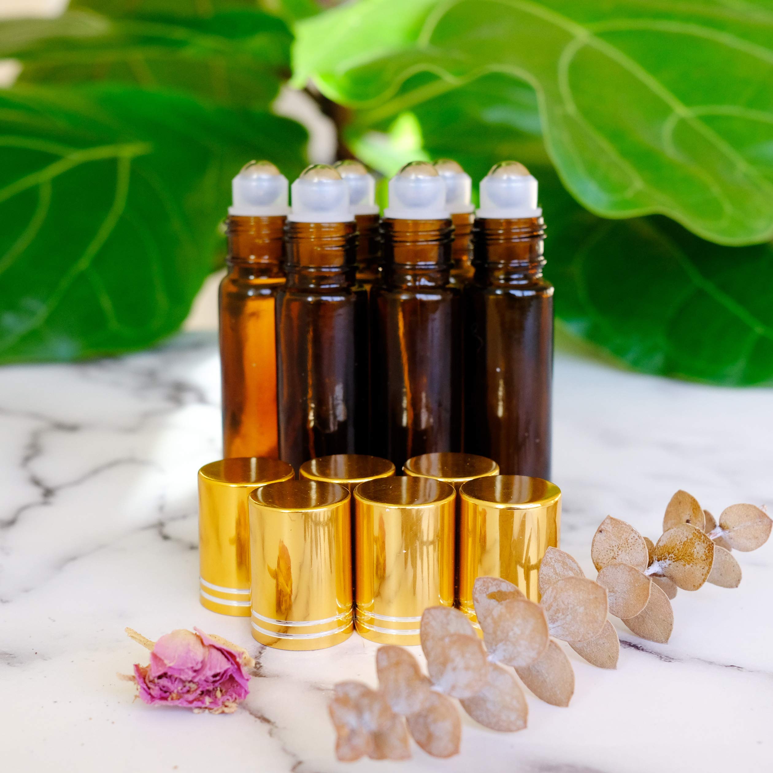 Youngever 20 Pack Amber Essential Oil Roller Bottles with Stainless Steel Roller Balls - Includes Opener, 2 Clear Transfer Pipettes, Mini Funnels & Extra Roller Balls for DIY Aromatherapy, Travel & Home Use
