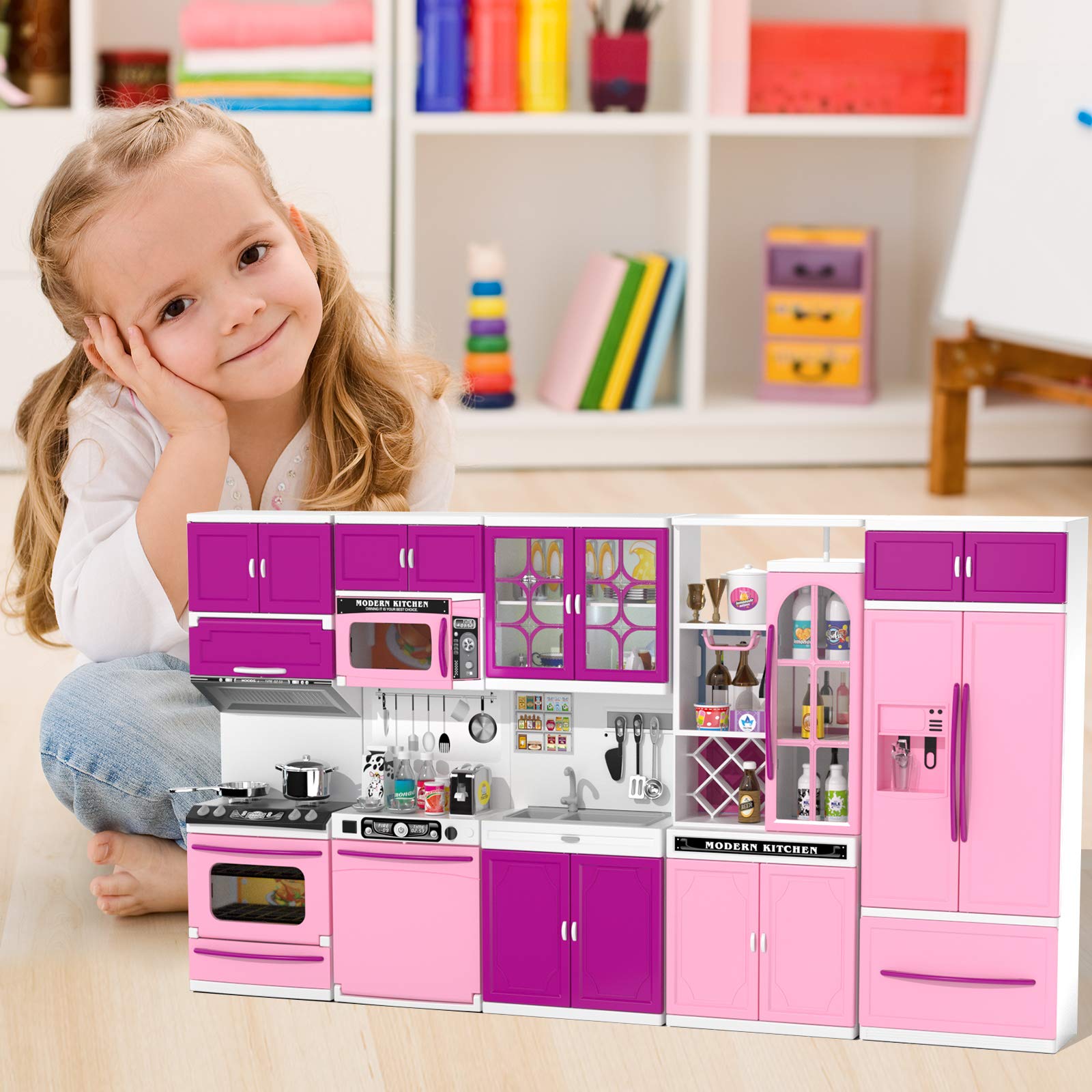 TEMI 56-Piece Pink Kids Kitchen Playset with Lights & Sounds - 5-in-1 Mini Toy Kitchen for Girls Ages 3-6, Compatible with 11-12 Inch Dolls - Pretend Play, Birthday Gift & Role-Playing Fun