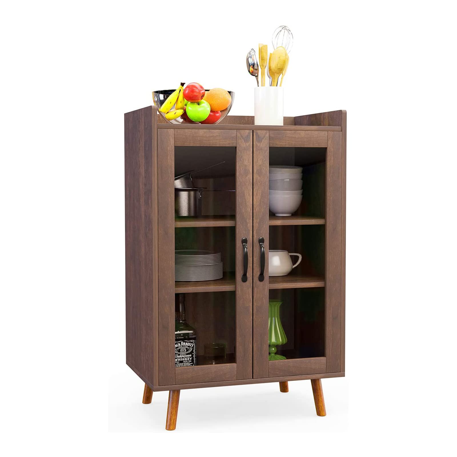Mid-Century Modern Kitchen Buffet Cabinet with Glass Doors & Adjustable Shelves - Stylish Dining Room Storage Sideboard for Kitchen, Hallway & Living Room - Perfect for Entertaining, Displaying China & Organizing Home Decor
