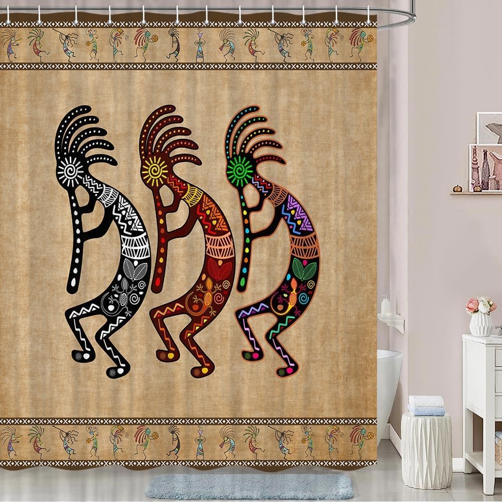 DYNH Southwestern Shower Curtain - Native American Kokopelli Tribal Design Bathroom Decor with Hooks, 72x72 Inches - Perfect for Boho, Farmhouse & Vintage Style Bathrooms