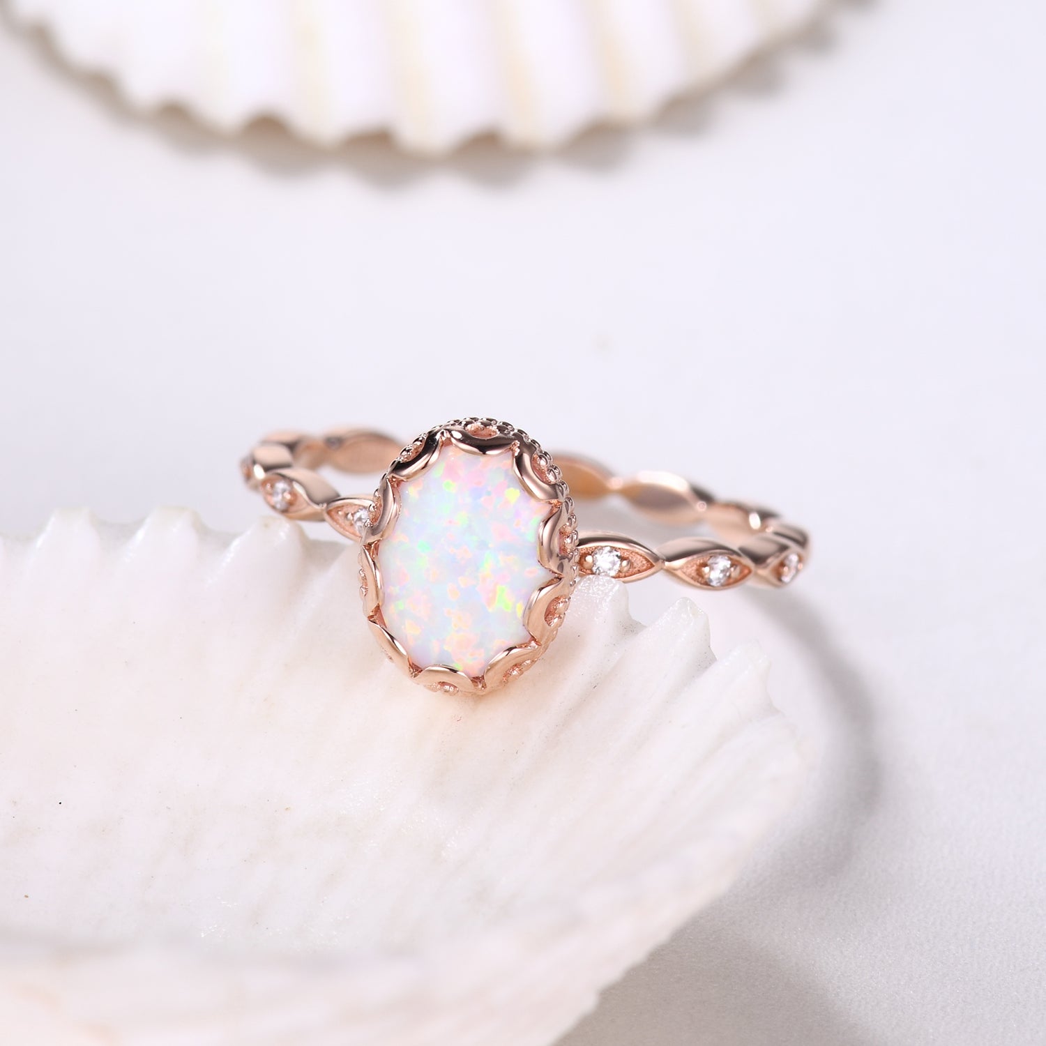 Filigree White Opal Bridal Ring - Rose Gold Full Eternity Band for Wedding, Anniversary & October Birthstone Gift - Perfect for Engagement, Bridal Shower & Romantic Occasions