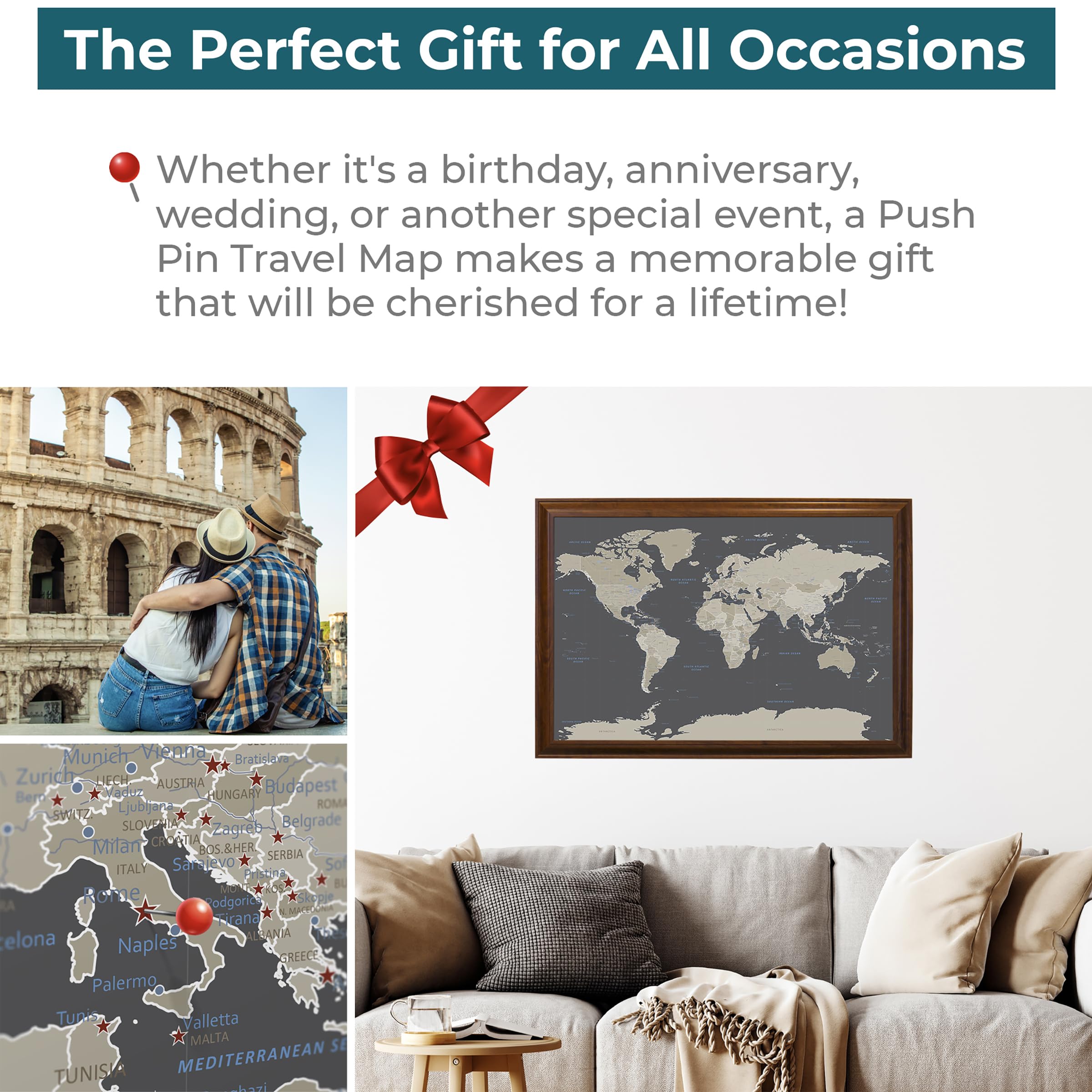 Custom Push Pin Travel Map - Handmade World Map Wall Art with 150 Pins, Earth Tones & Brown Wood Frame (27.5