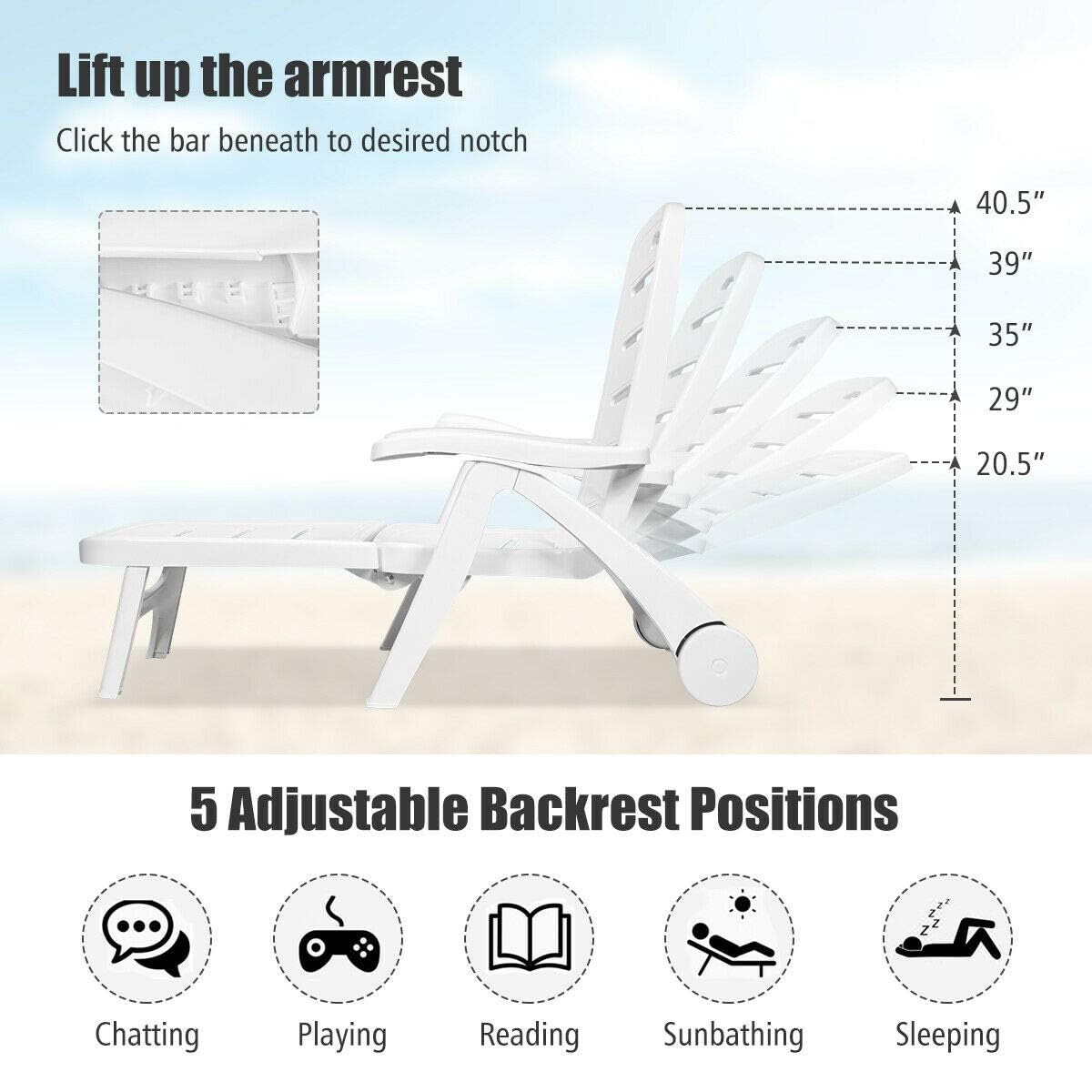 Foldable Patio Chaise Lounge Chair with Wheels - Lightweight Plastic Outdoor Recliner for Pool, Beach, Garden & Backyard Relaxation