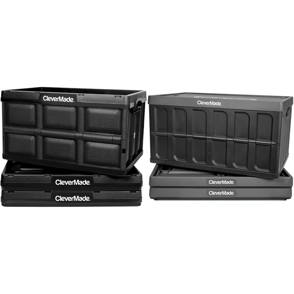 CleverMade 62L & 46L Collapsible Storage Bins 3-Pack - Stackable Folding Plastic Crates with Lids for Home Organization, Garage, Closet & Office Storage (Black & Charcoal)