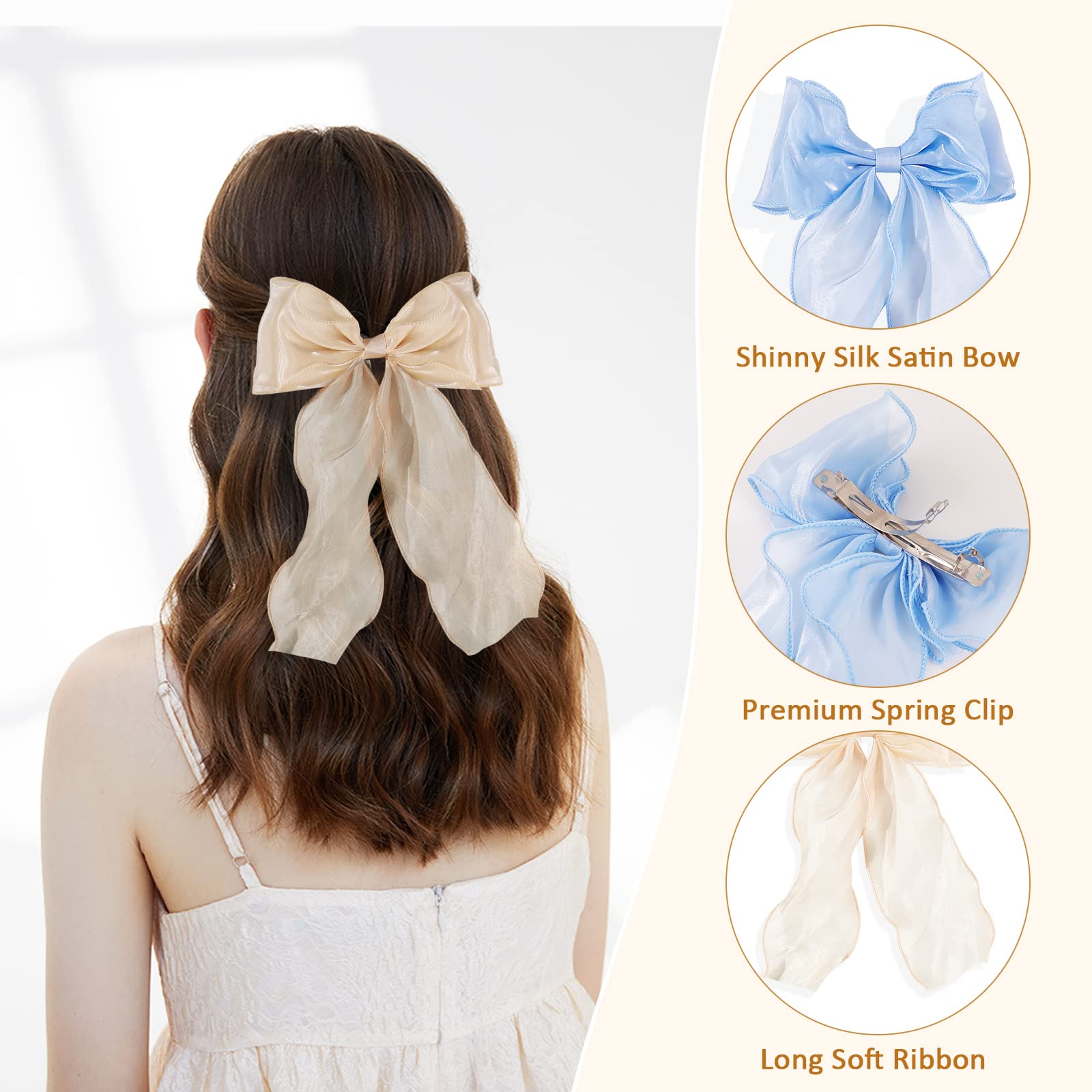 KesaPlan Large Hair Bow Clips for Women & Girls - 2PCS Big Silk Satin Hair Bows with Long Tail Ribbon, French Double Layer Soft Bowknot Hairpins for Teens - Perfect for Weddings, Parties & Everyday Styling