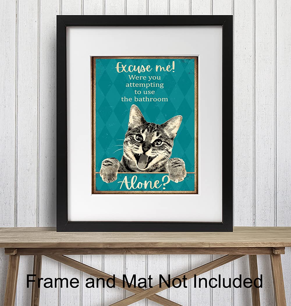 Funny Tabby Cat Bathroom Wall Decor - Blue Restroom Sign for Guest Bathroom & Powder Room - Unique Cat Lovers Gift for Women & Girls - Perfect for Home, Office, or Cafe Decor