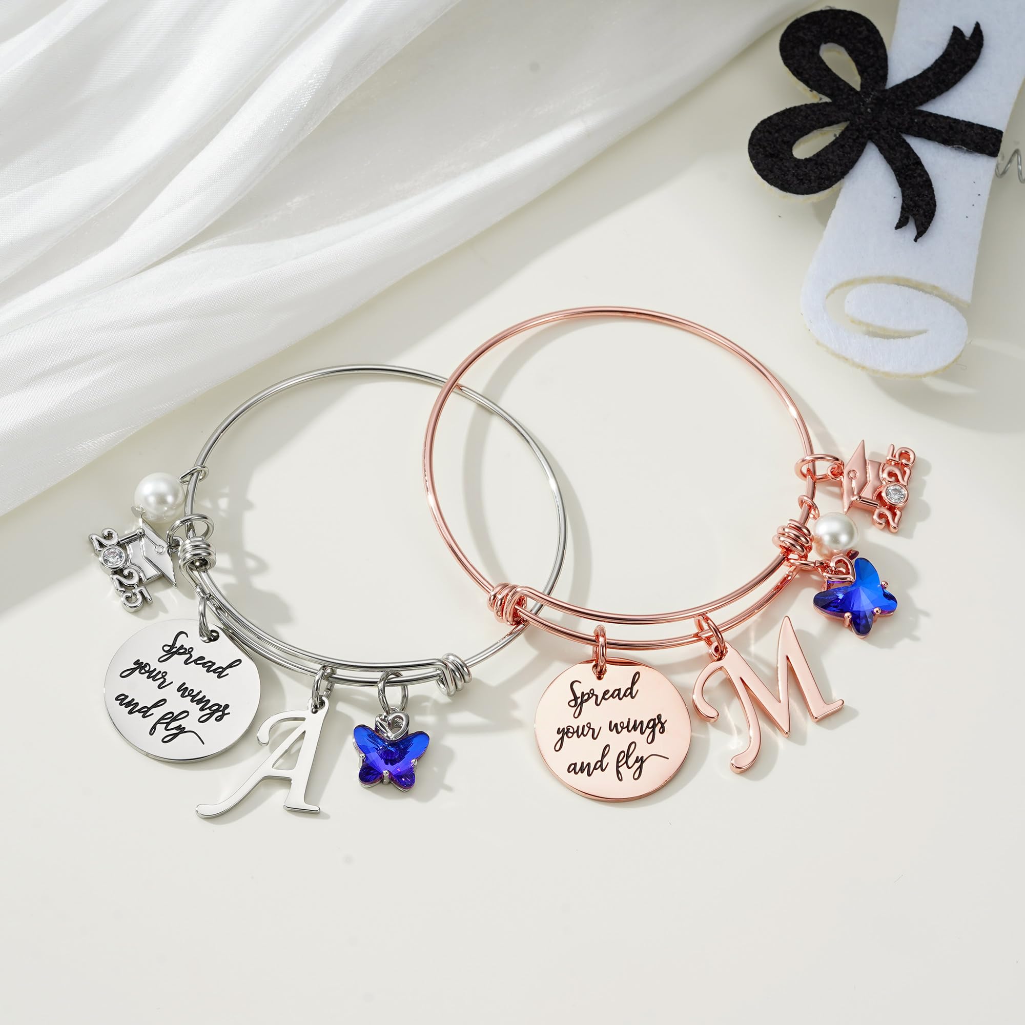 2025 Graduation Gifts for Women - Personalized Butterfly Initial Bracelet with Inspirational 'Spread Your Wings & Fly' Quote - Elegant Bangle Jewelry for Her - Perfect Gift for College Grads, High School Graduates & Career Milestones