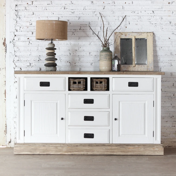 Handmade Indian Solid Mango Wood Sideboard with 2 Doors & 7 Drawers - Vintage Boho Furniture for Dining Room, Living Room & Entryway Storage