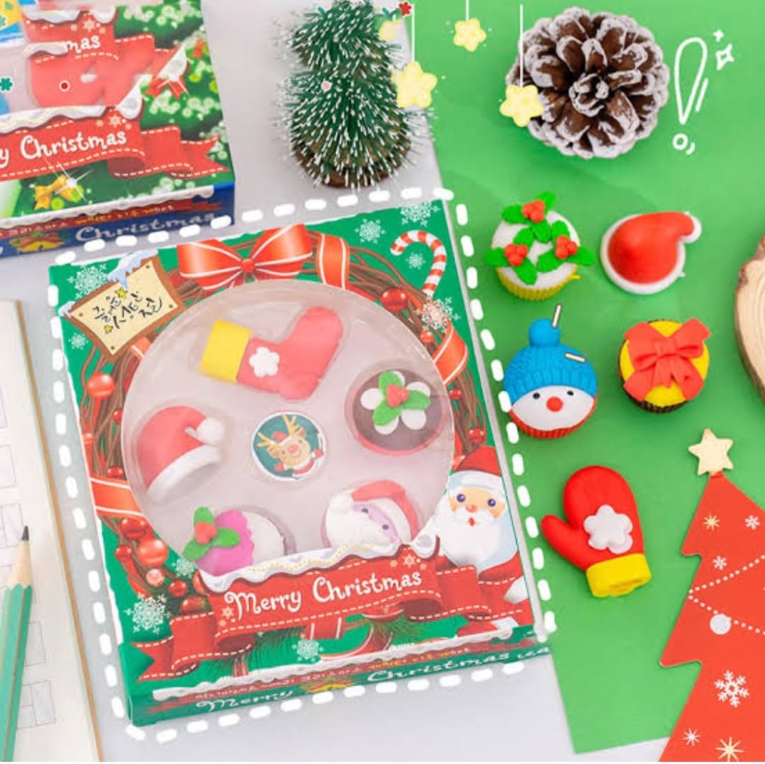 Festive Holiday Decorative Buckets - Christmas Gift Set for Kids & Adults, Santa Claus & Reindeer Themed, Includes 6 Christmas Pens & Erasers - Perfect for Stocking Stuffers, Party Favors, and Classroom Gifts