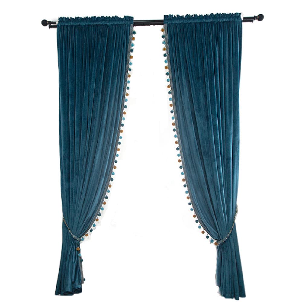 Peacock Blue Velvet Blackout Curtains with Pom Poms - Thermal Insulated Solid Color Window Panels for Living Room & Bedroom (2 Panels, 75x72 Inch) - Farmhouse Home Decor for Doorway & Window Treatment